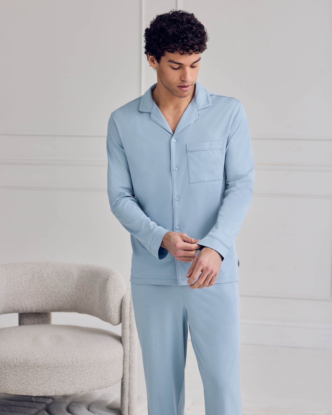 Cotton Button Up Long Pyjama Set - Blue