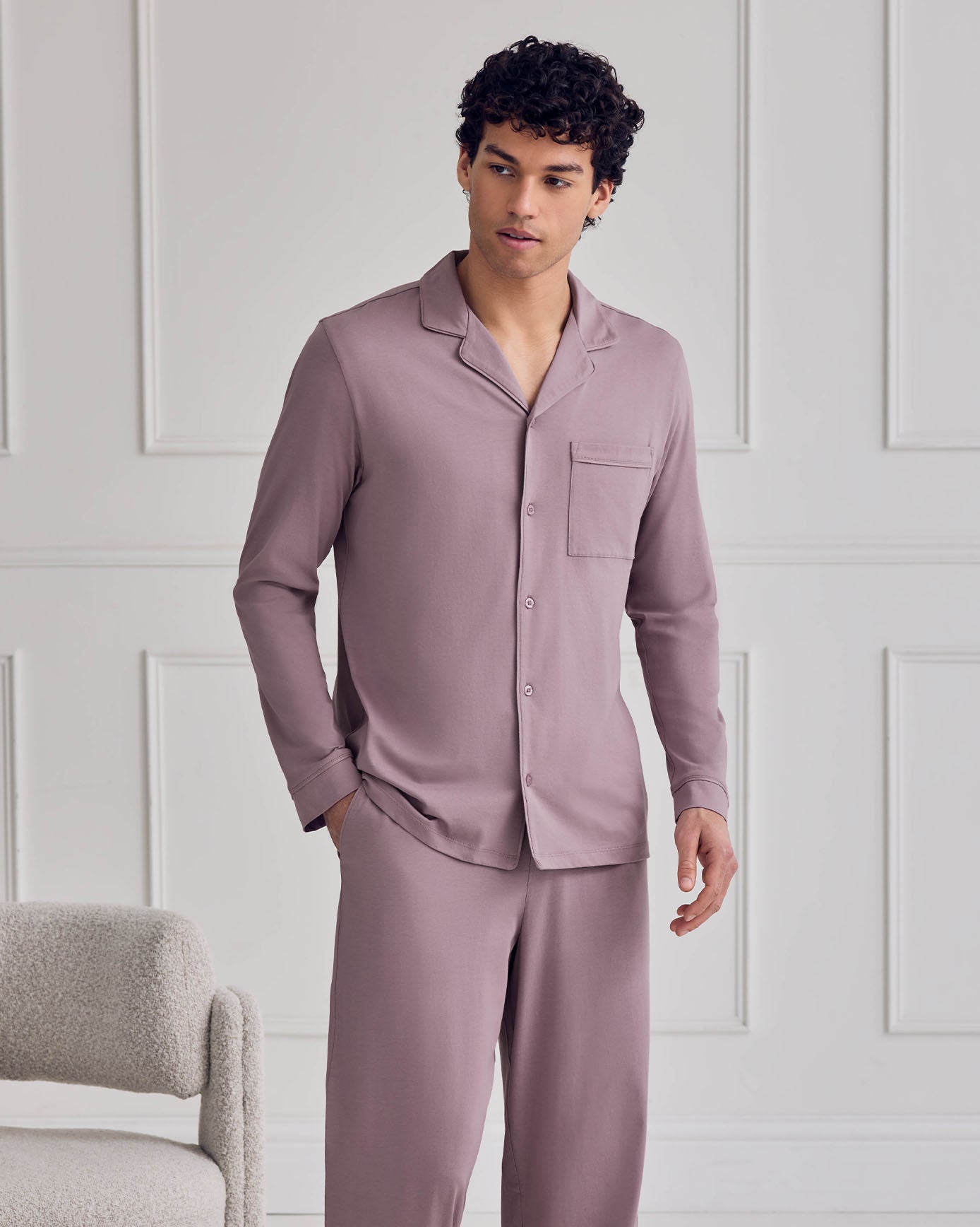 Cotton Button Up Long Pyjama Set - Mauve