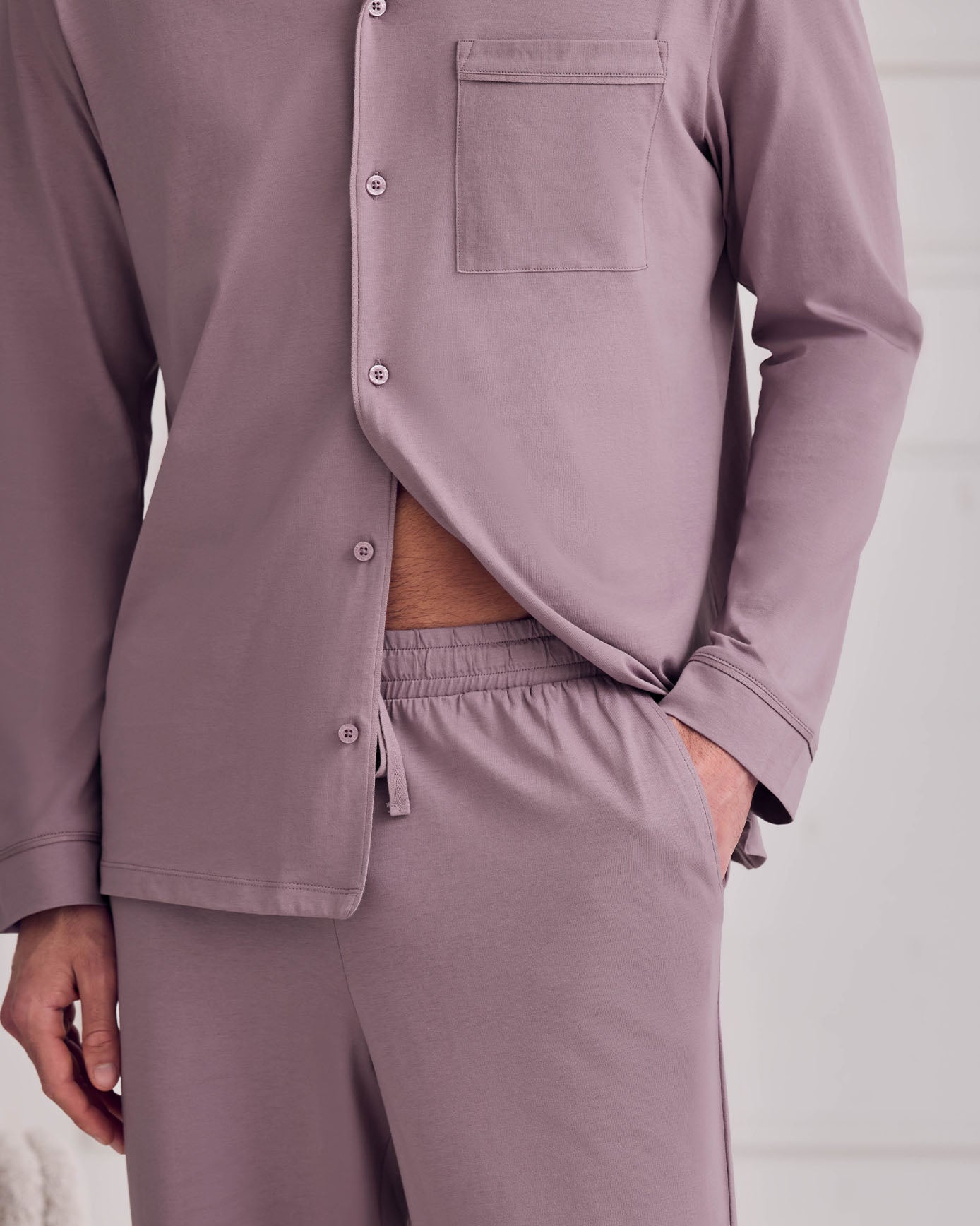 Cotton Button Up Long Pyjama Set - Mauve