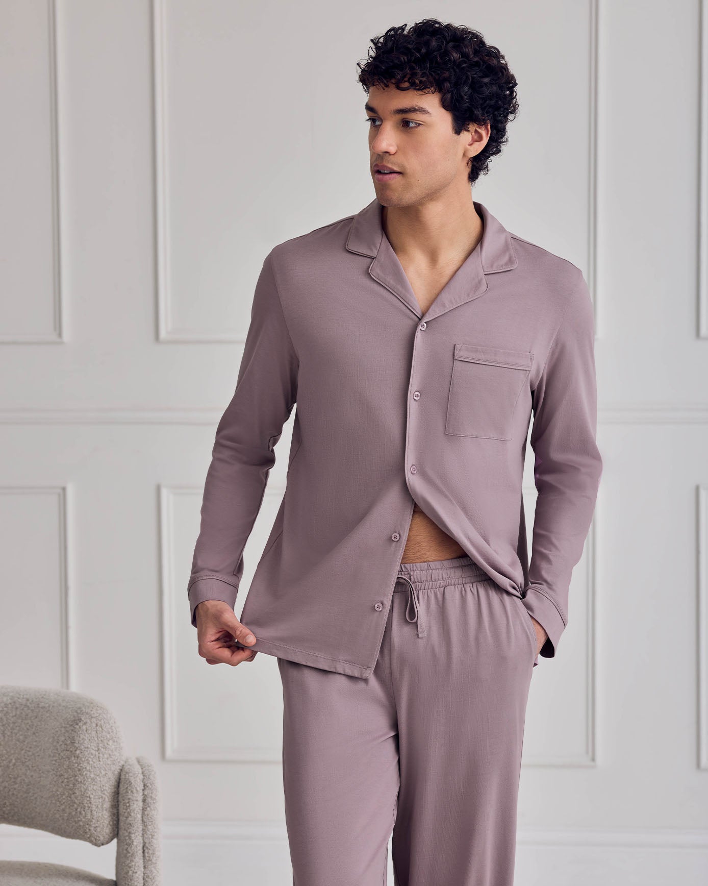 Cotton Button Up Long Pyjama Set - Mauve