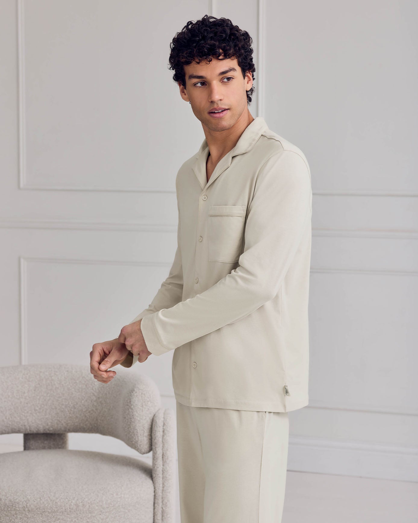 Cotton Button Up Long Pyjama Set - Natural