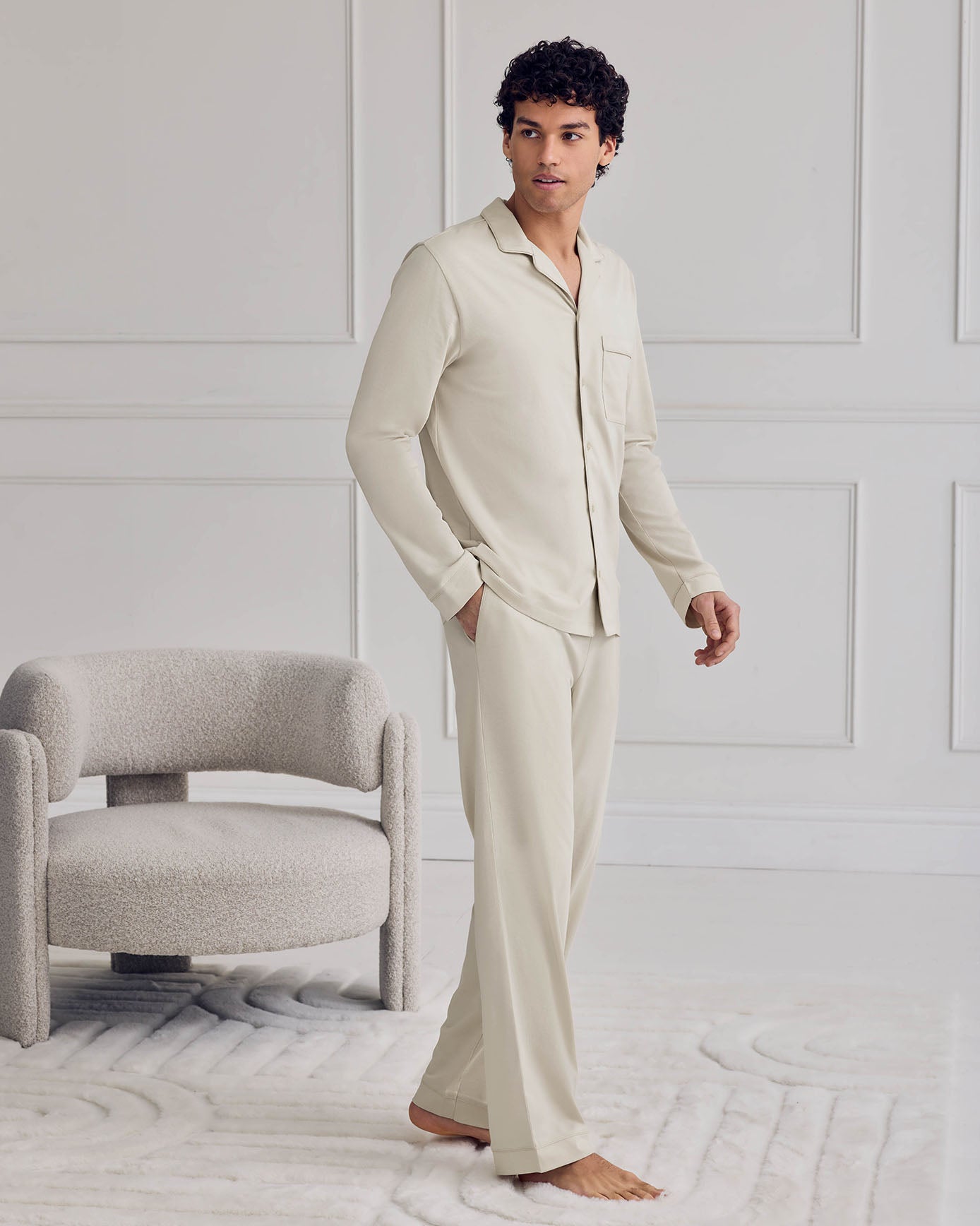 Cotton Button Up Long Pyjama Set - Natural