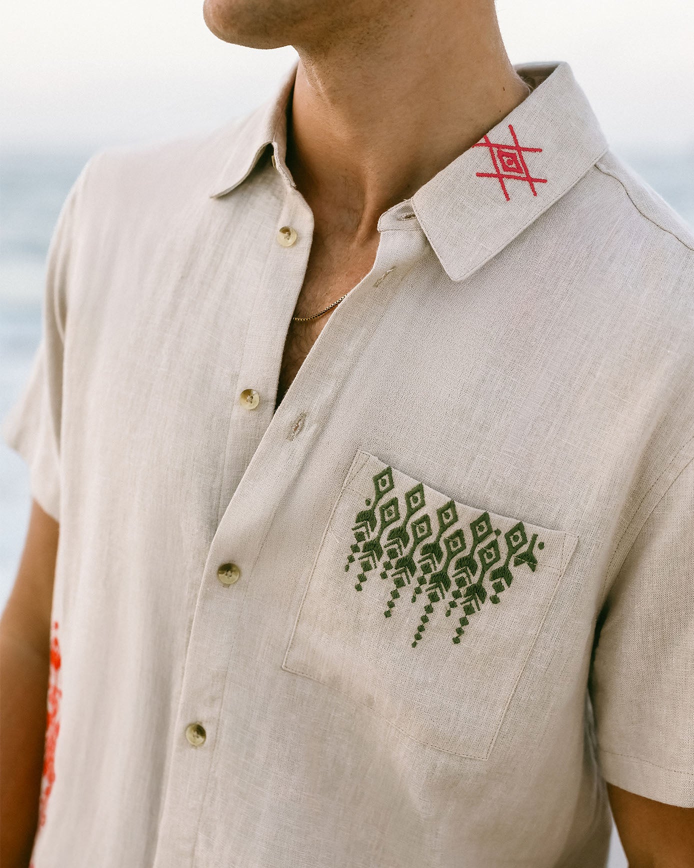 Embroidered Linen-Blend Geometric Print Short Sleeve Shirt