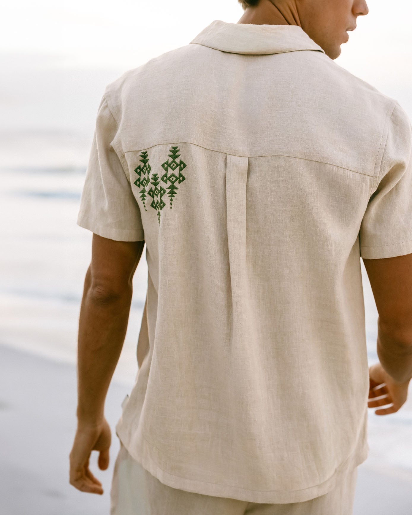 Embroidered Linen-Blend Geometric Print Short Sleeve Shirt