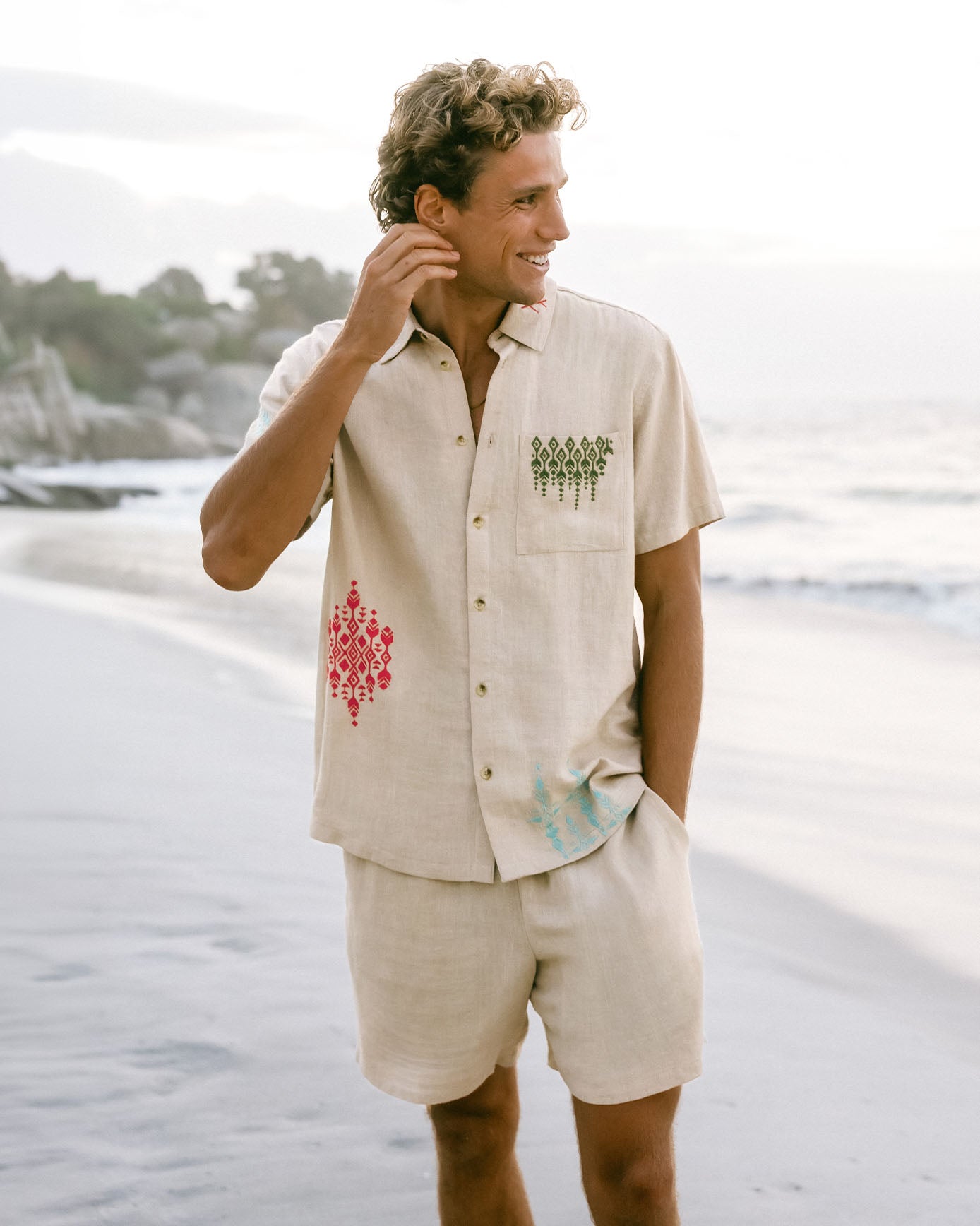 Embroidered Linen-Blend Geometric Print Short Sleeve Shirt