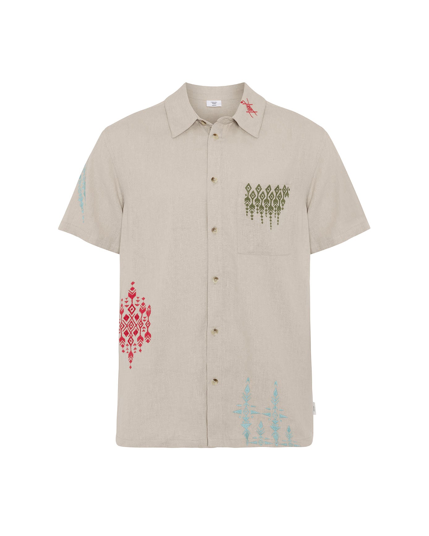 Embroidered Linen-Blend Geometric Print Short Sleeve Shirt