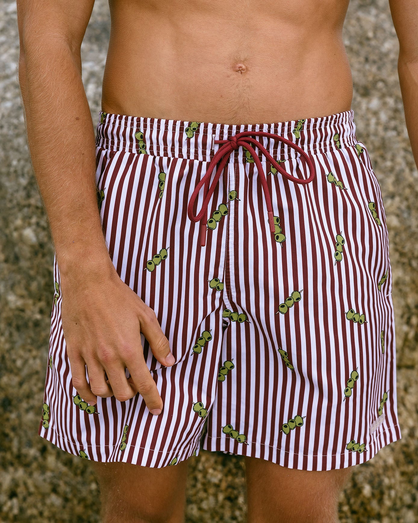 Olive Stripe Print Swim Shorts