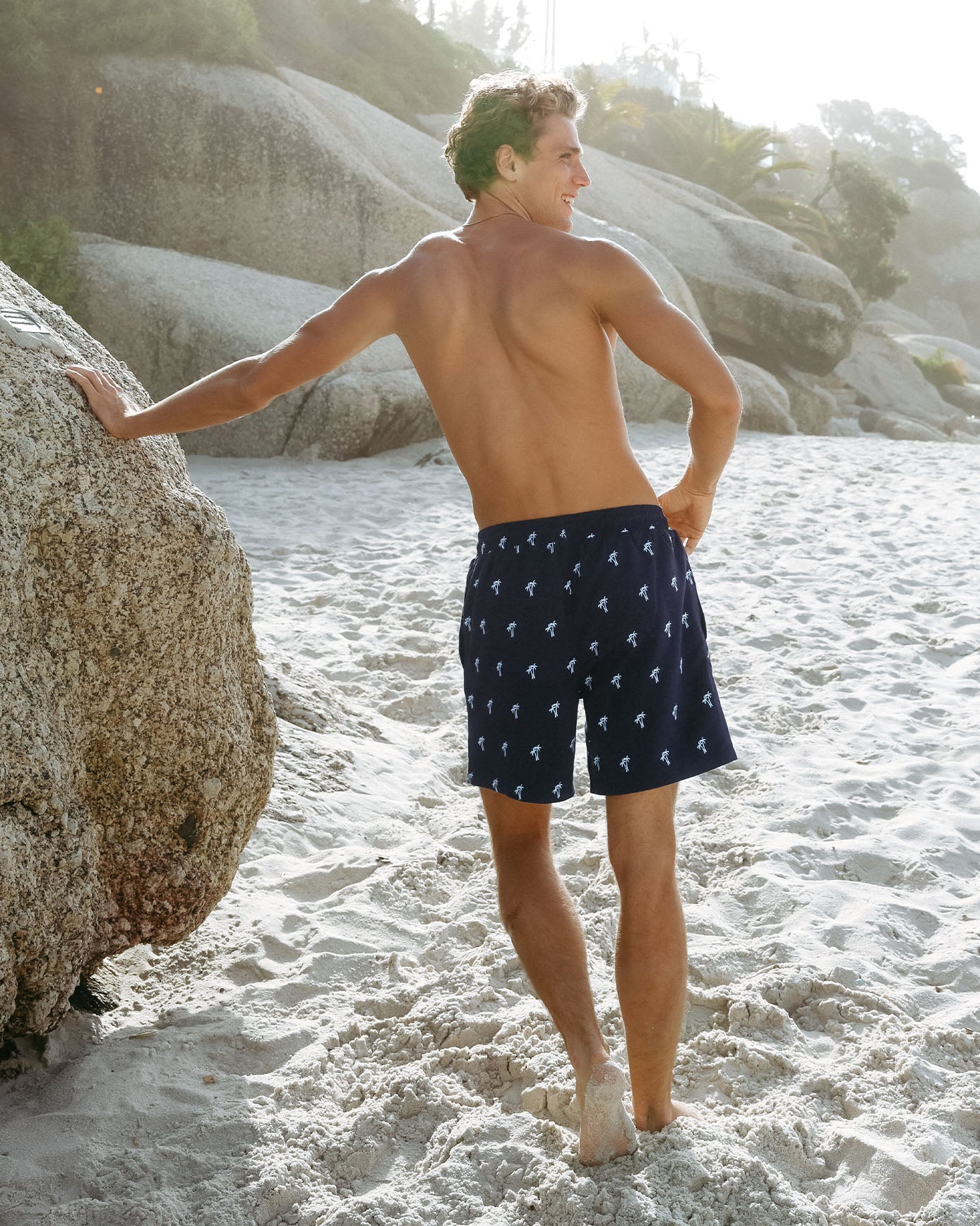 Embroidered Palm Print Swim Shorts - Navy