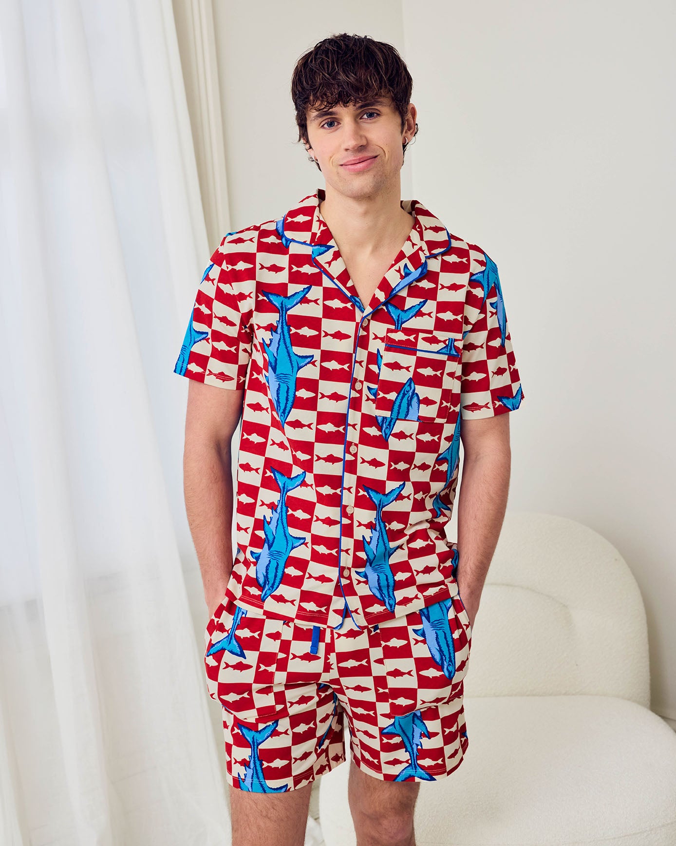 Organic Cotton Checkerboard Shark Print Button Up Short Pyjama Set