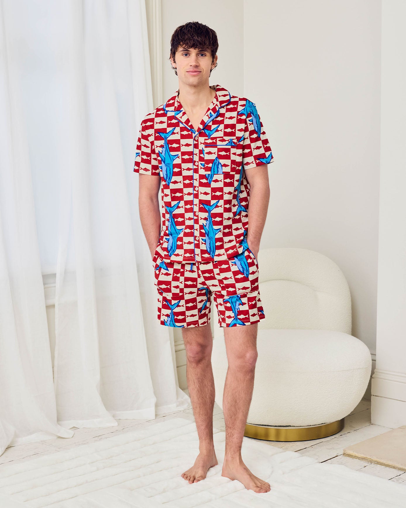 Organic Cotton Checkerboard Shark Print Button Up Short Pyjama Set