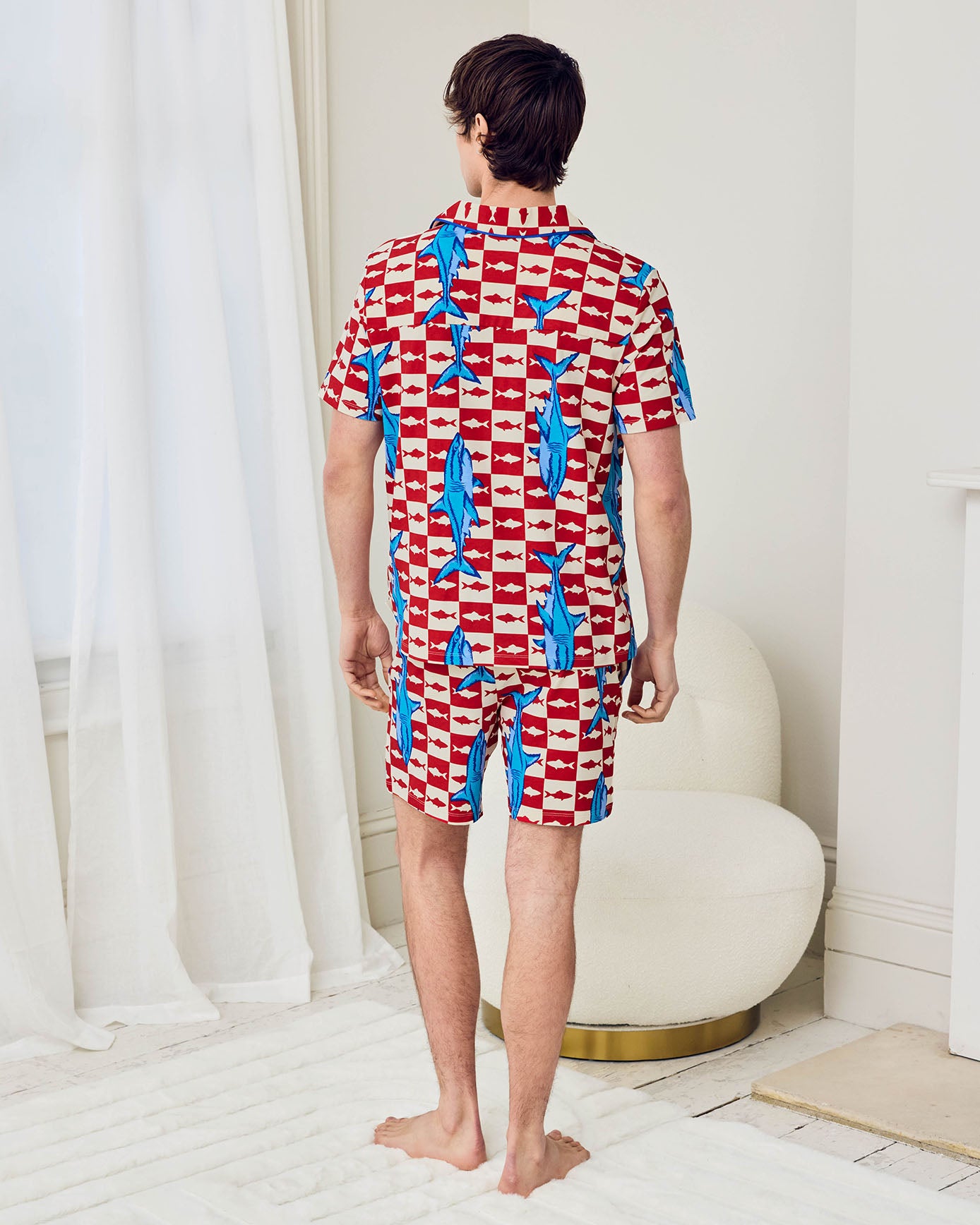 Organic Cotton Checkerboard Shark Print Button Up Short Pyjama Set