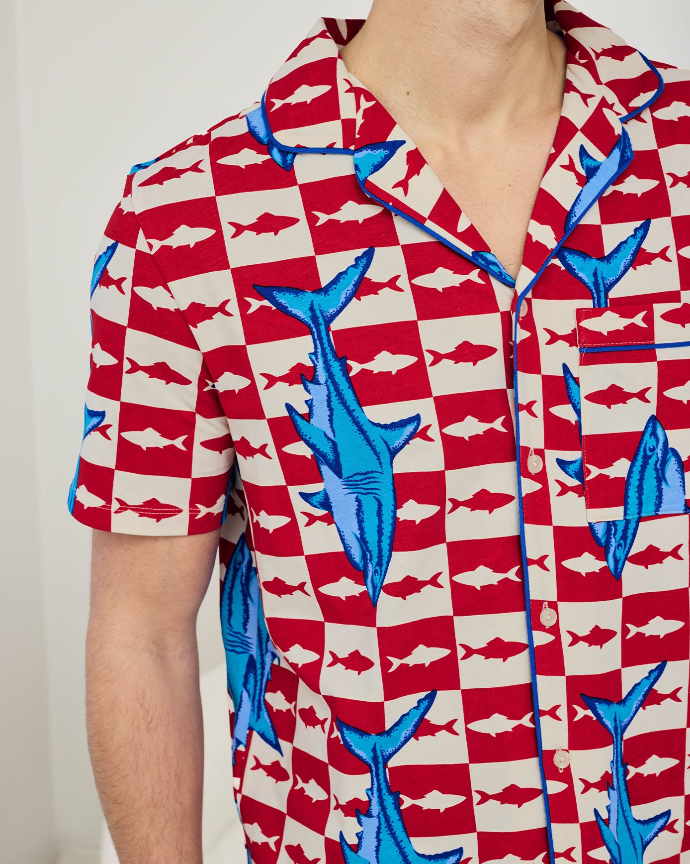 Organic Cotton Checkerboard Shark Print Button Up Short Pyjama Set