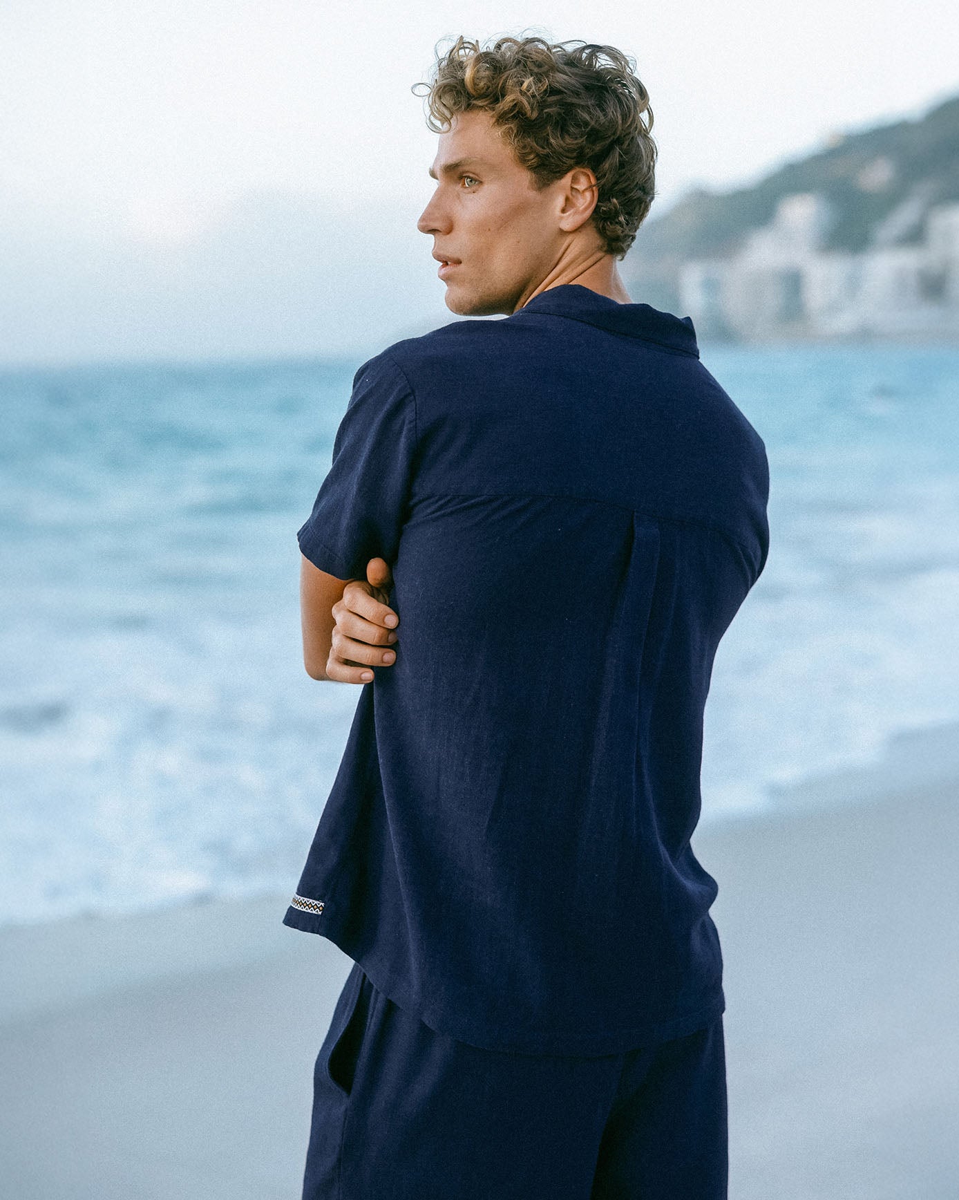 Linen-Blend Embroidered Riviera Short Sleeve Shirt - Navy