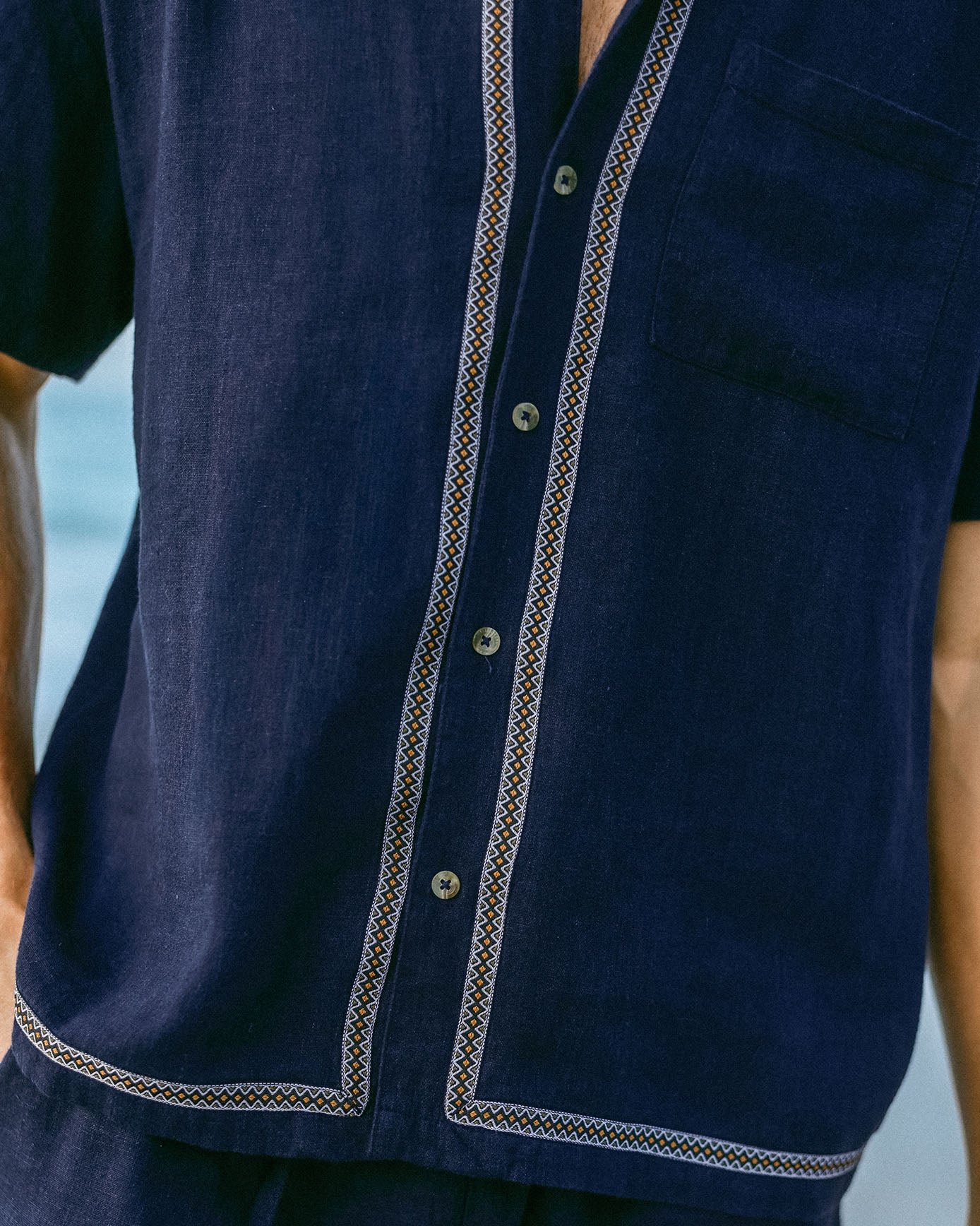 Linen-Blend Embroidered Riviera Short Sleeve Shirt - Navy