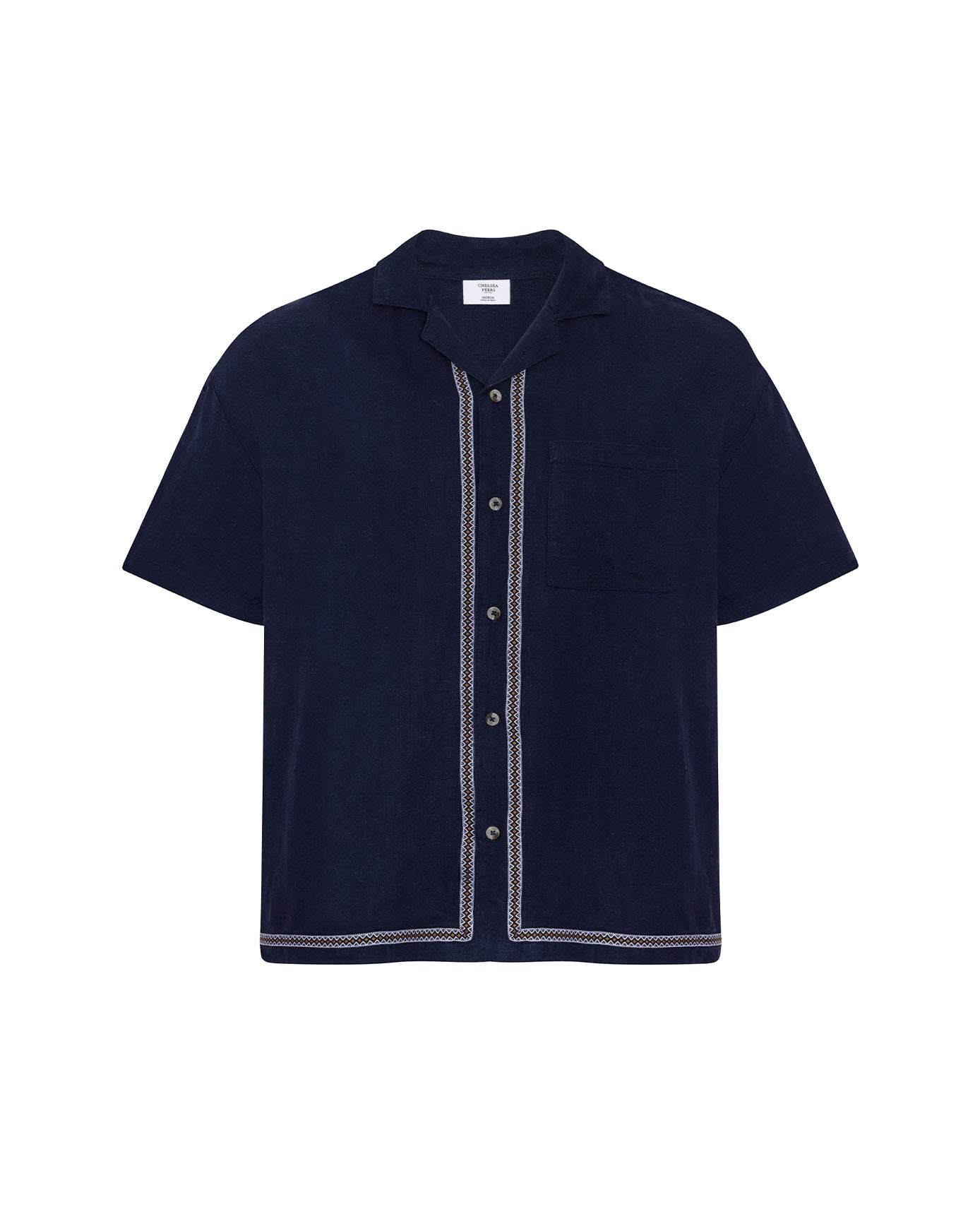 Linen-Blend Embroidered Riviera Short Sleeve Shirt - Navy