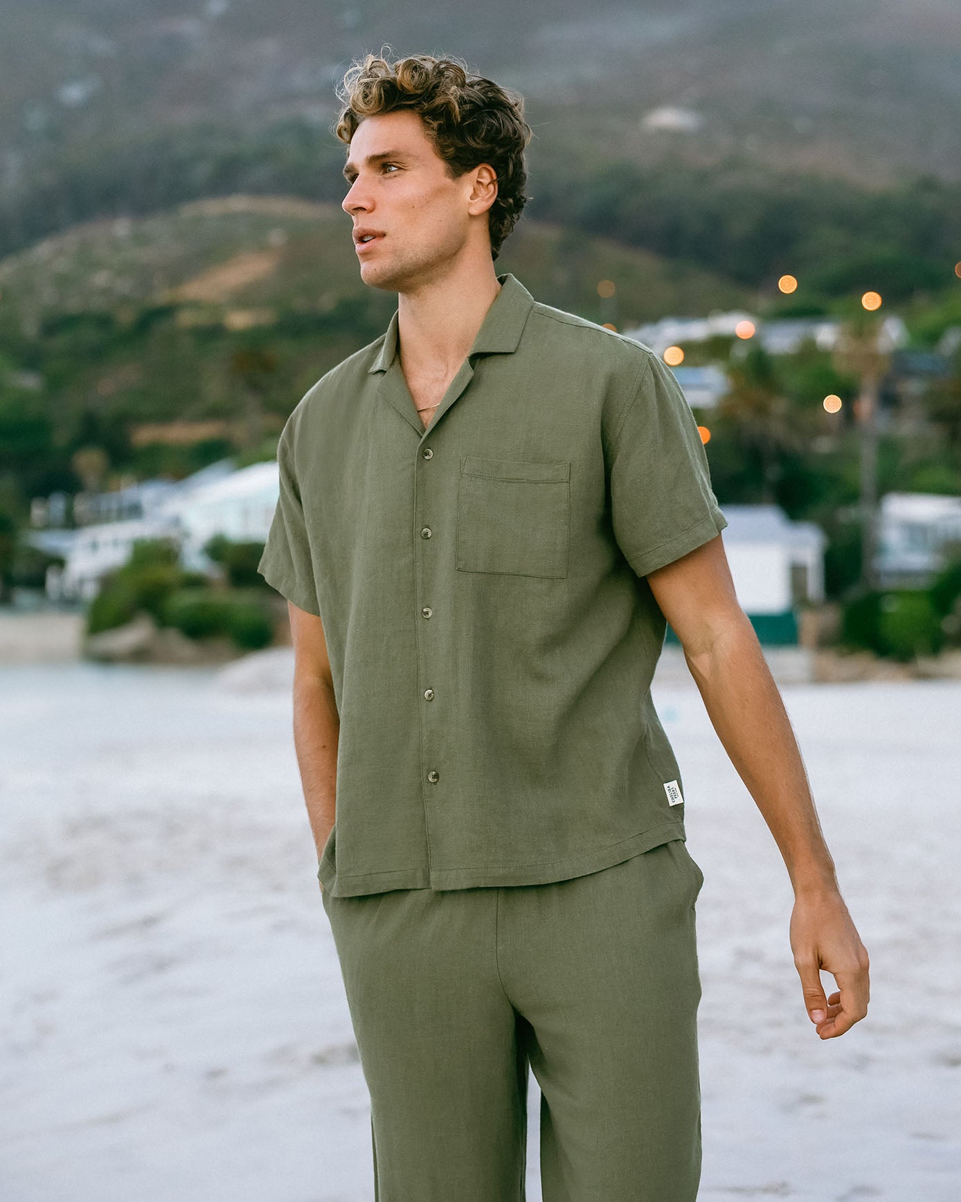 Linen Blend Embroidered Back Short Sleeve Shirt - Khaki