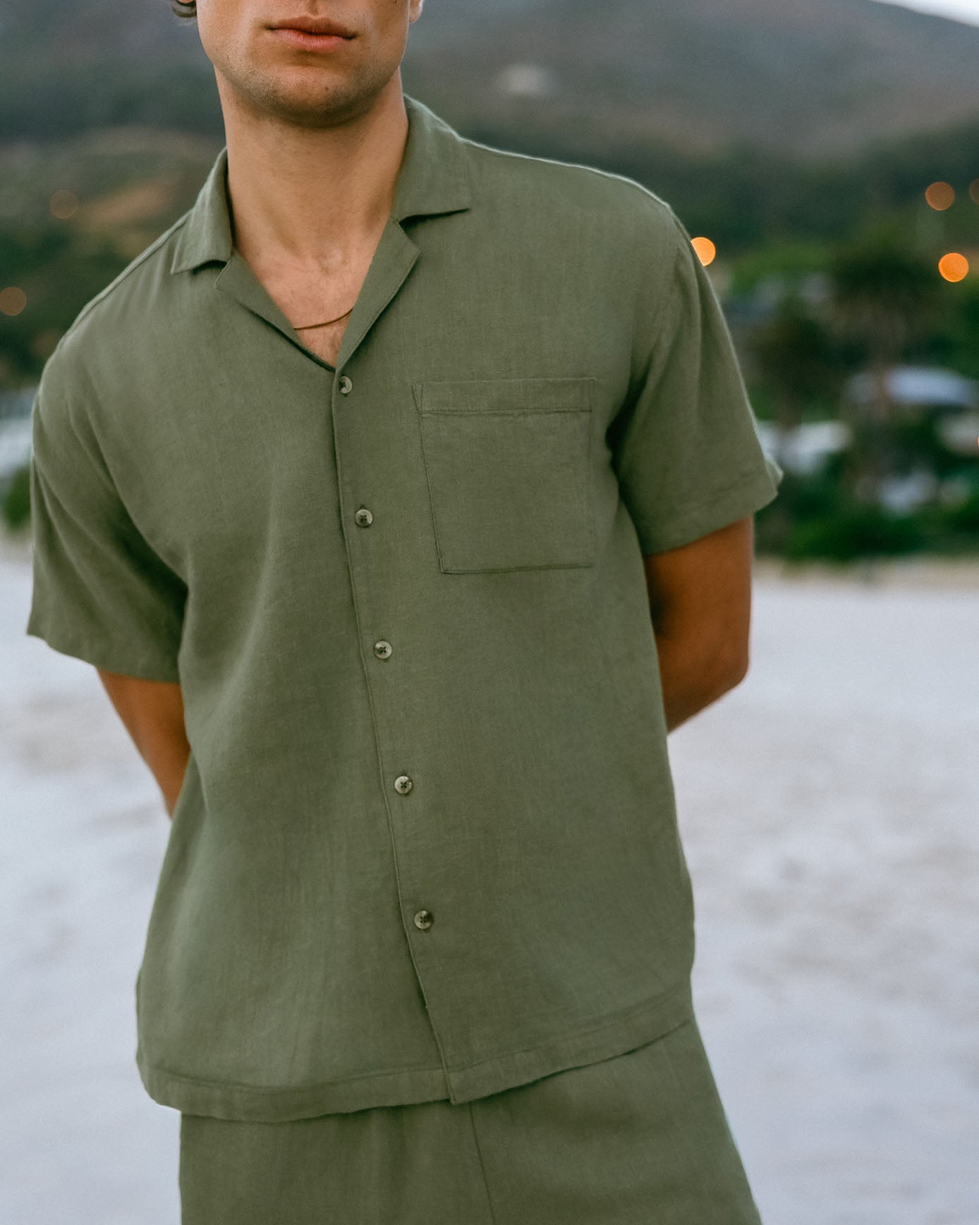 Linen Blend Embroidered Back Short Sleeve Shirt - Khaki