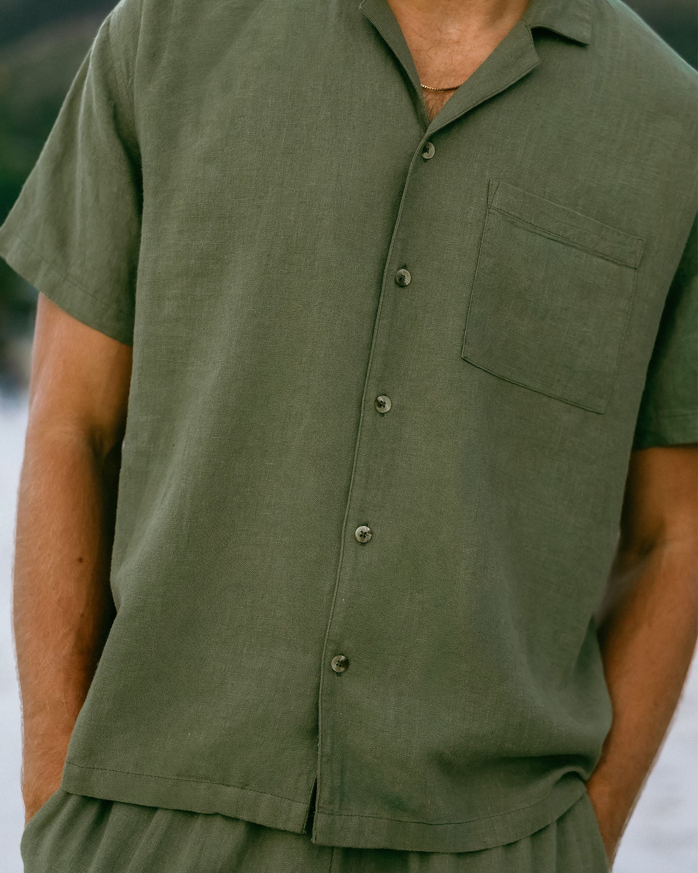 Linen Blend Embroidered Back Short Sleeve Shirt - Khaki