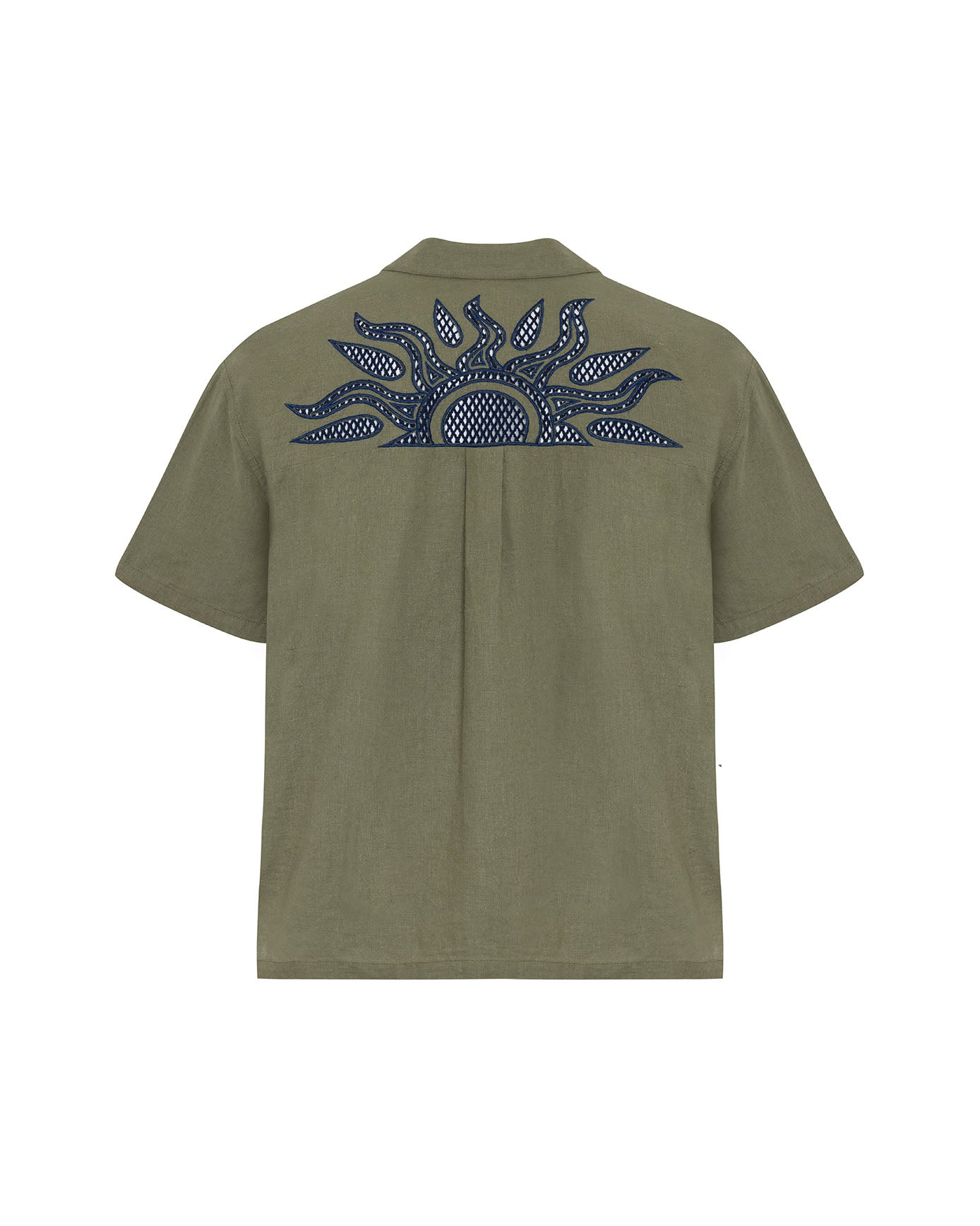 Linen Blend Embroidered Back Short Sleeve Shirt - Khaki