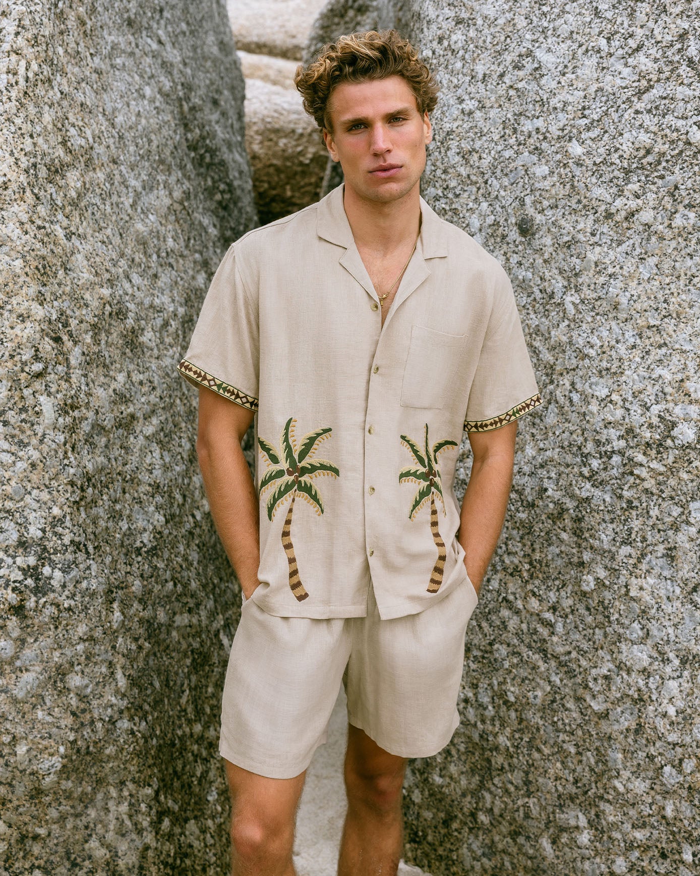 Linen Blend Embroidered Palm Short Sleeve Shirt