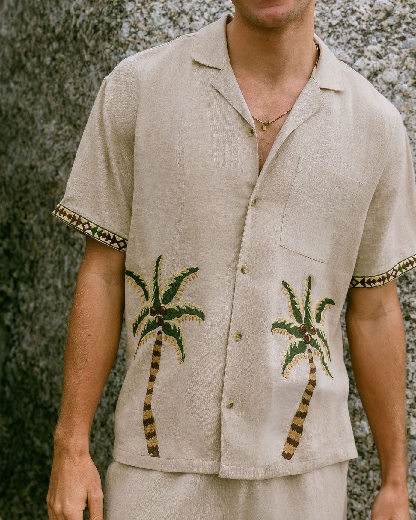 Linen-Blend Embroidered Palm Short Sleeve Shirt - Natural