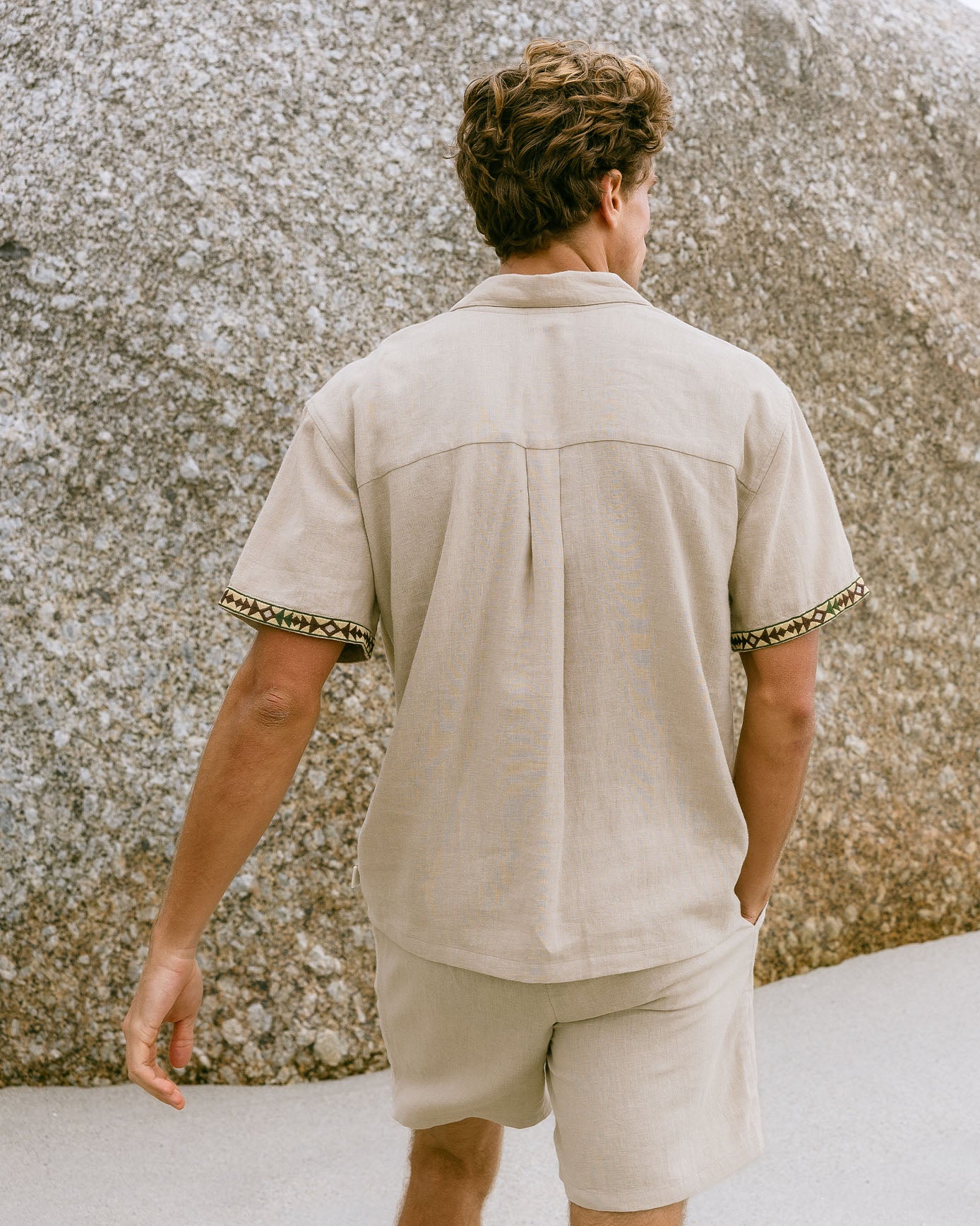 Linen-Blend Embroidered Palm Short Sleeve Shirt - Natural