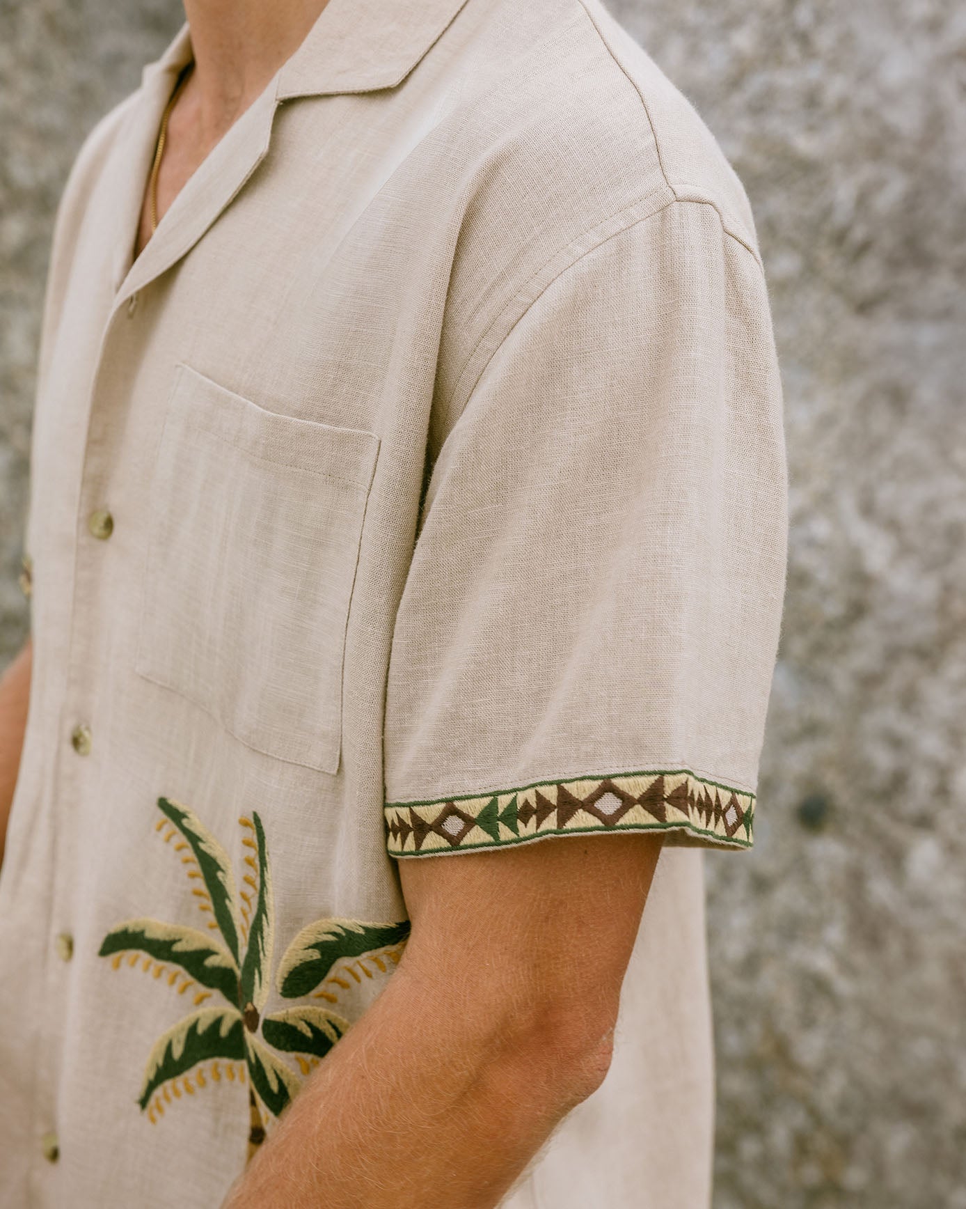 Linen-Blend Embroidered Palm Short Sleeve Shirt - Natural