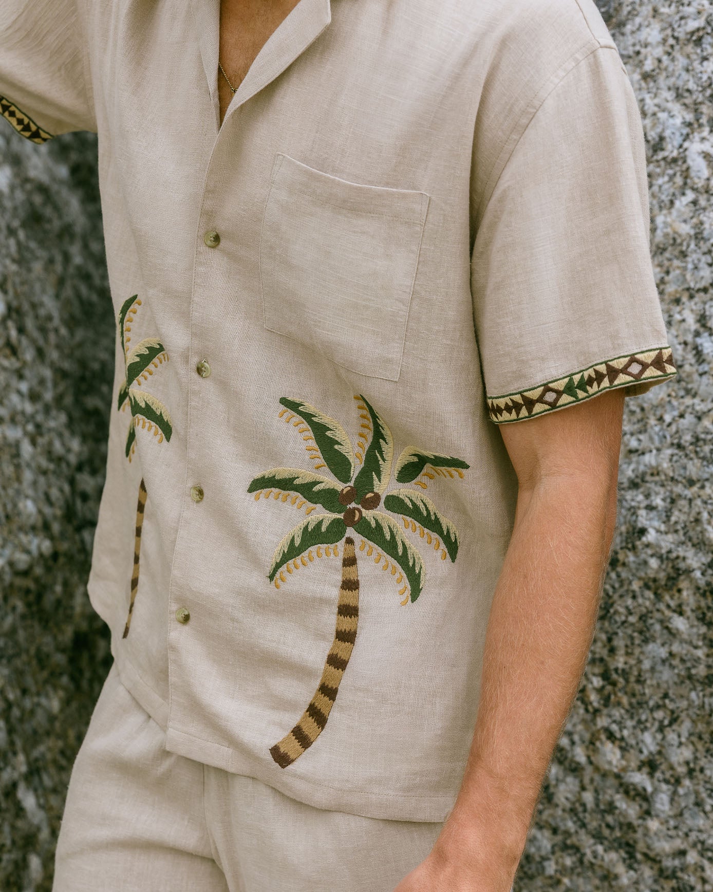 Linen-Blend Embroidered Palm Short Sleeve Shirt - Natural