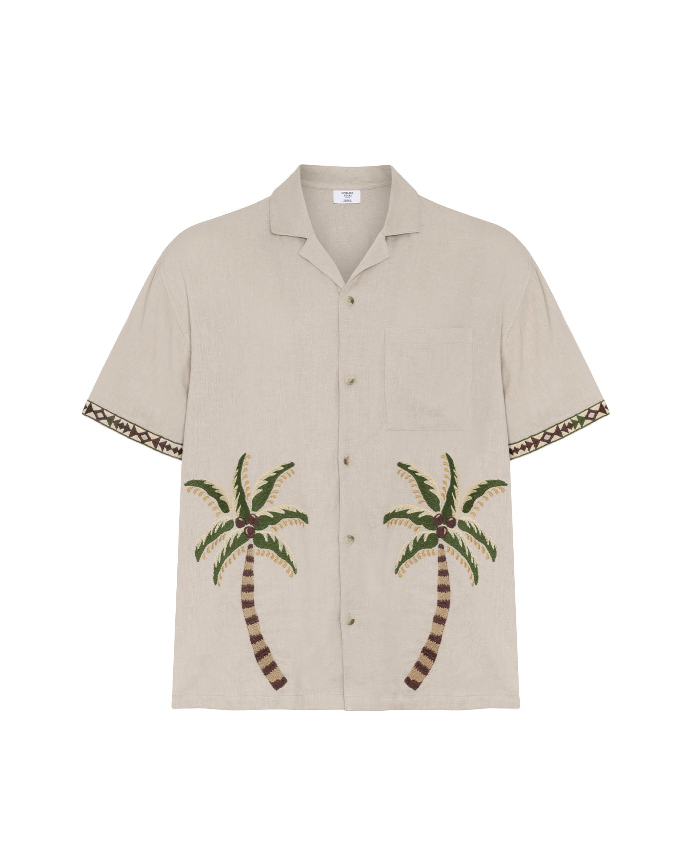 Linen-Blend Embroidered Palm Short Sleeve Shirt - Natural