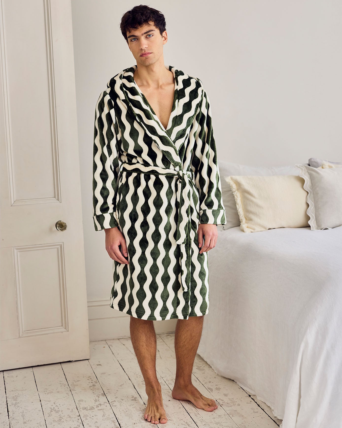 Fleece Wavy Stripe Hooded Dressing Gown