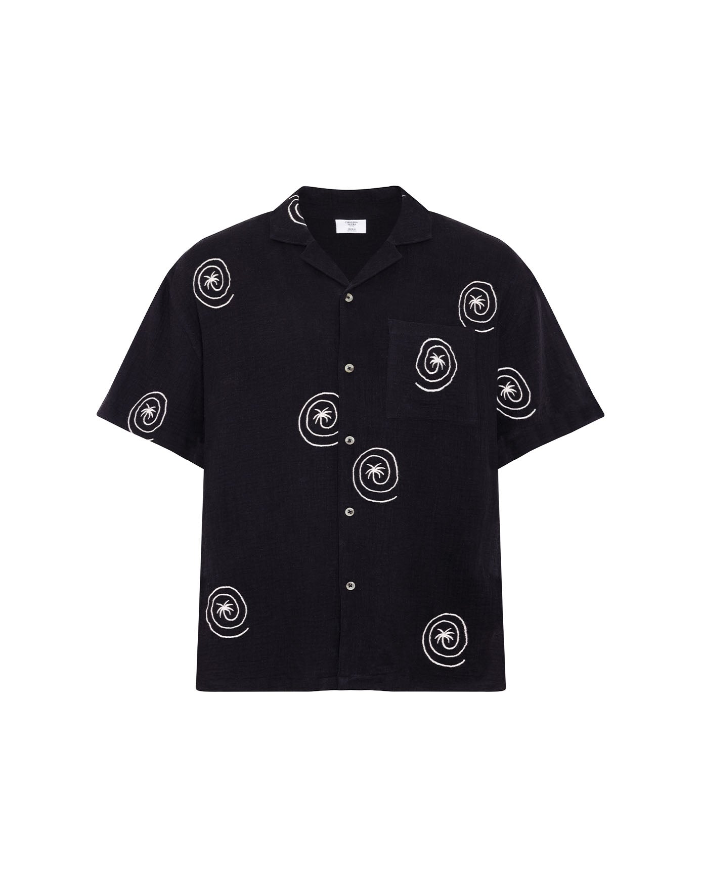 Organic Cotton Cheesecloth Embroidered Palm Loop Short Sleeve Shirt - Black