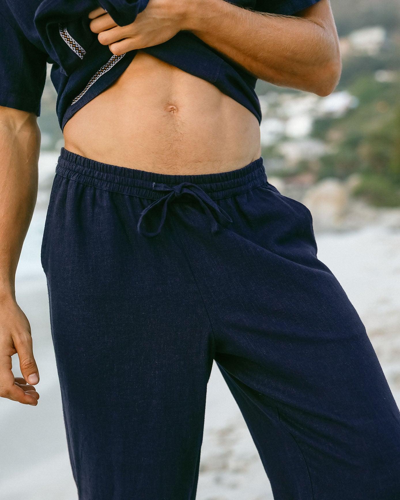 Linen-Blend Relaxed Trousers - Navy