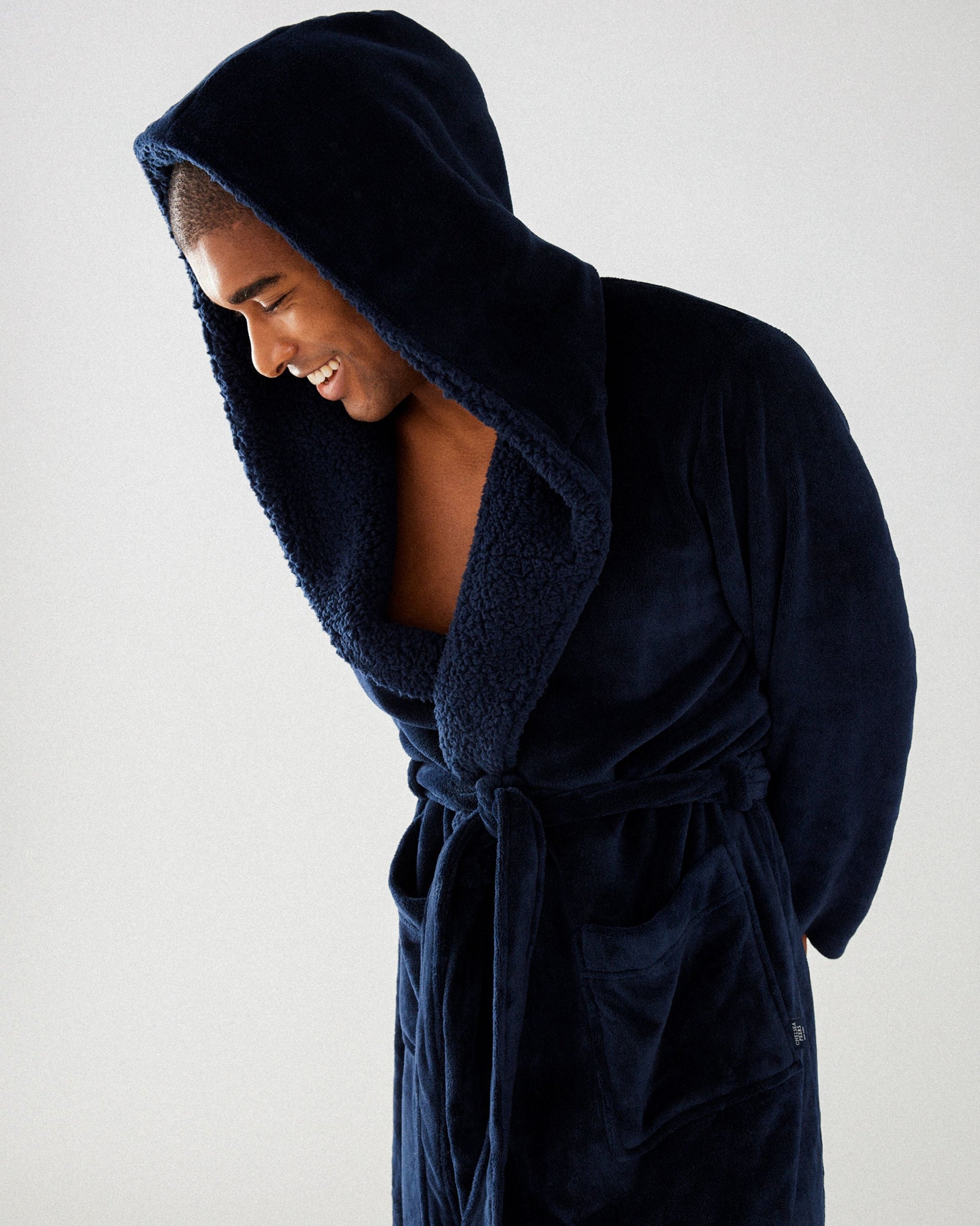 Men's Navy Fluffy Hooded Dressing Gown