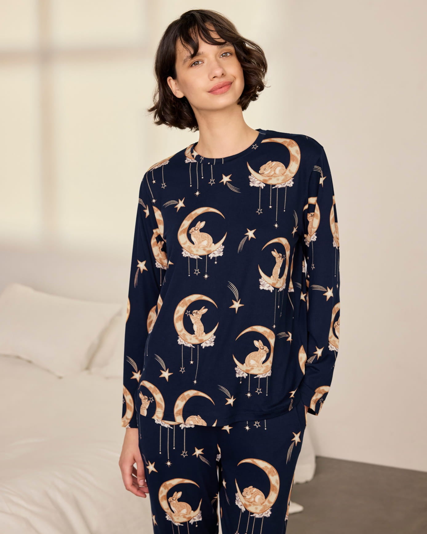 Petite Lunar Bunny Print Crew Neck Long Pyjama Set
