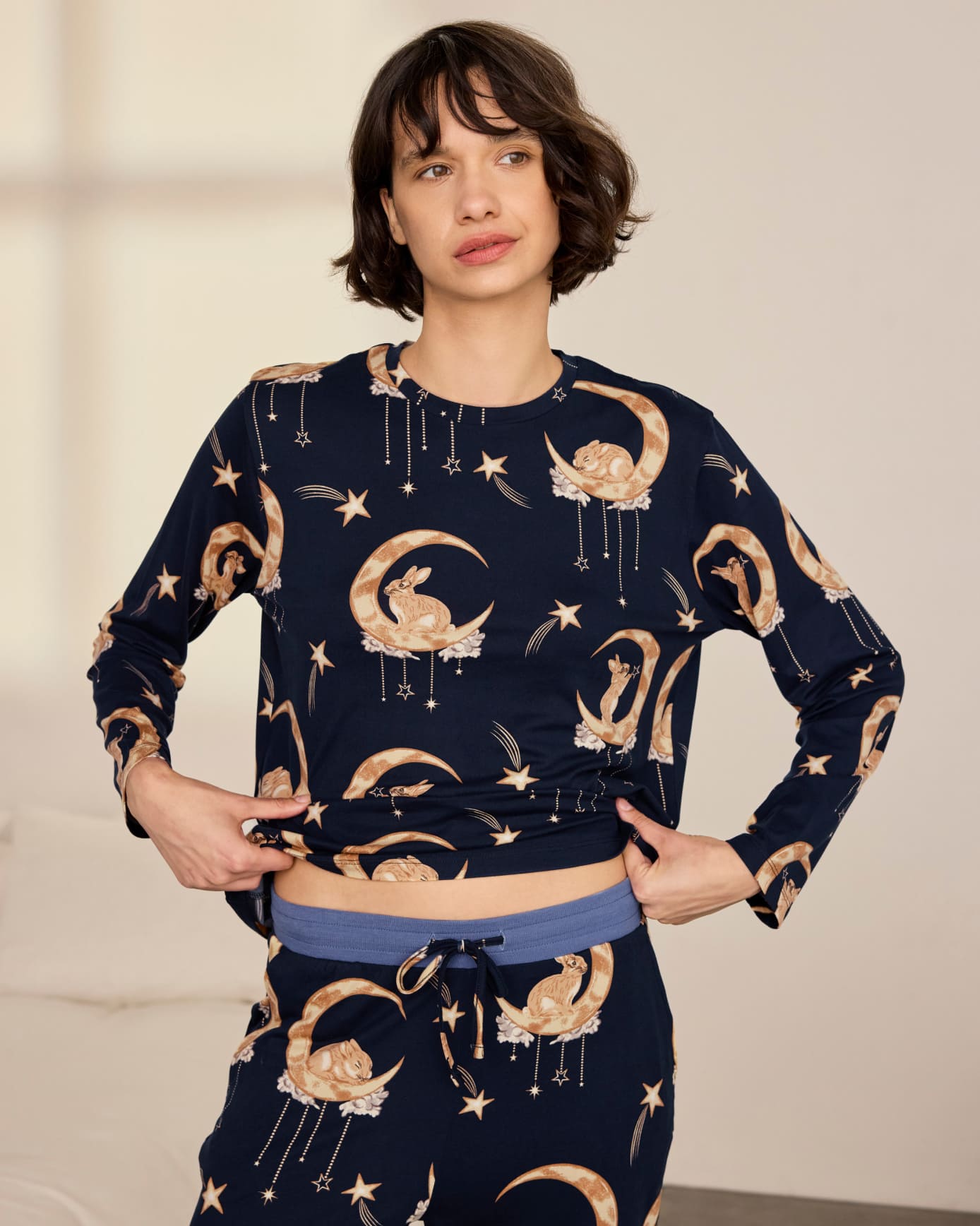 Lunar Bunny Print Crew Neck Long Pyjama Set