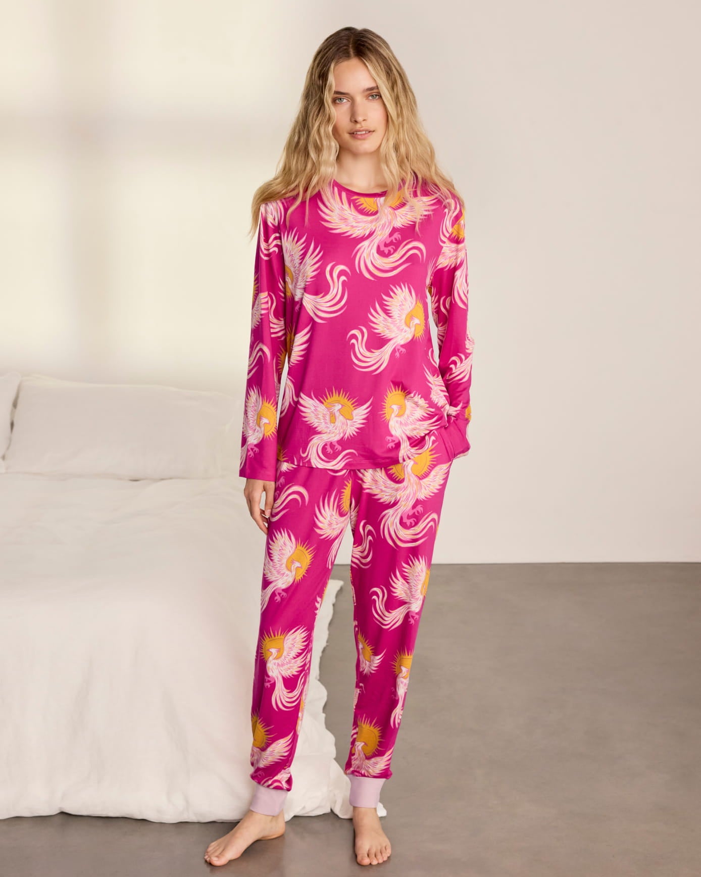 Solar Phoenix Print Long Pyjama Set - Pink