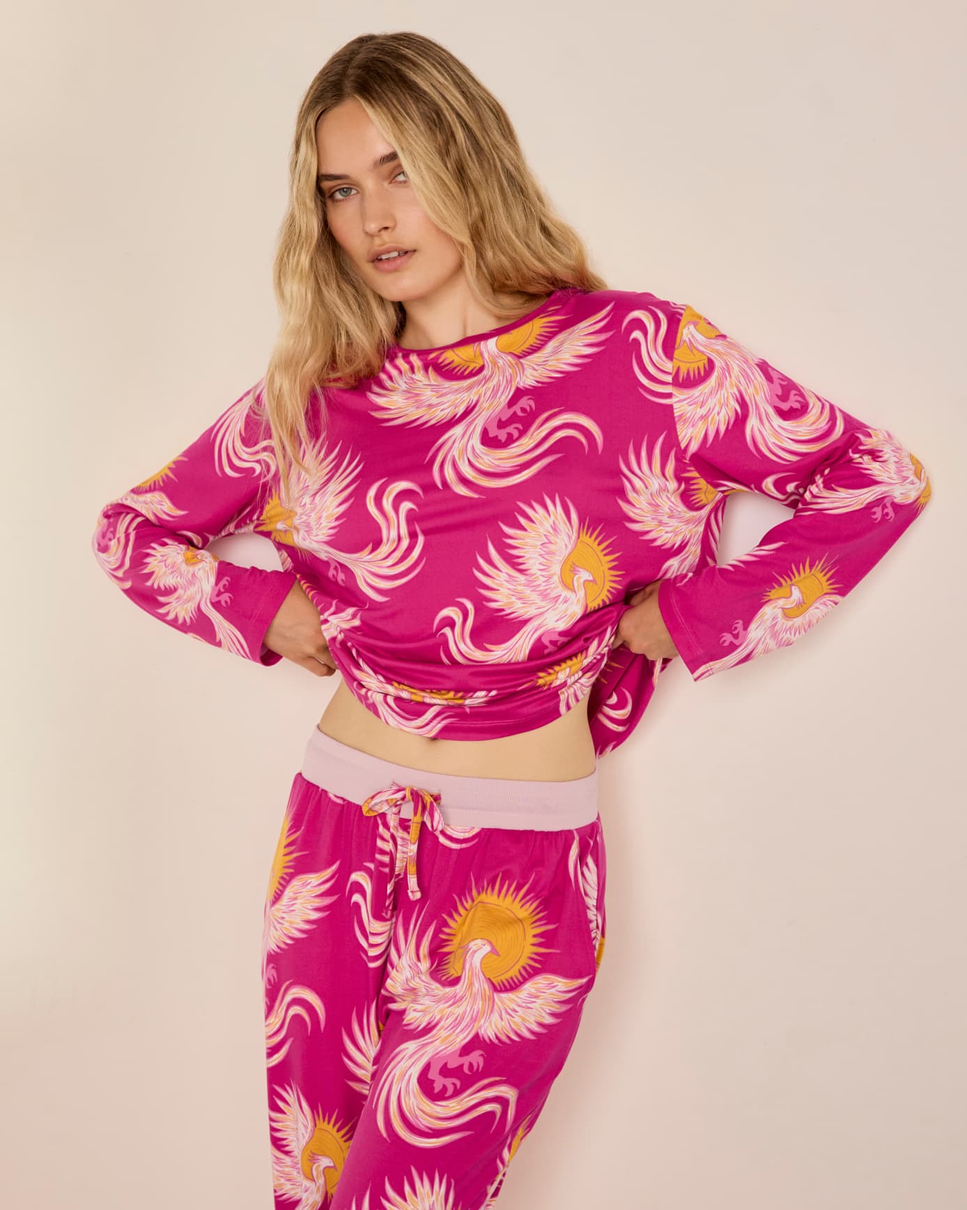Solar Phoenix Print Long Pyjama Set - Pink