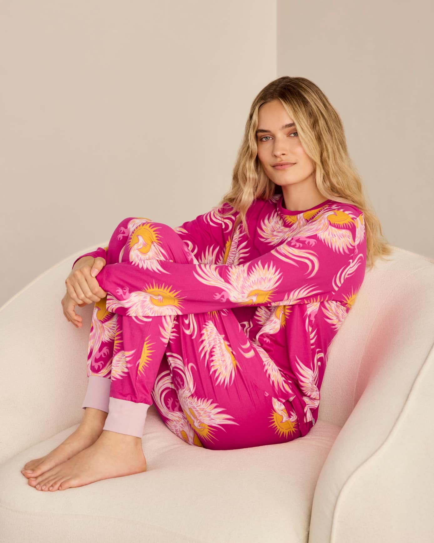 Solar Phoenix Print Long Pyjama Set - Pink