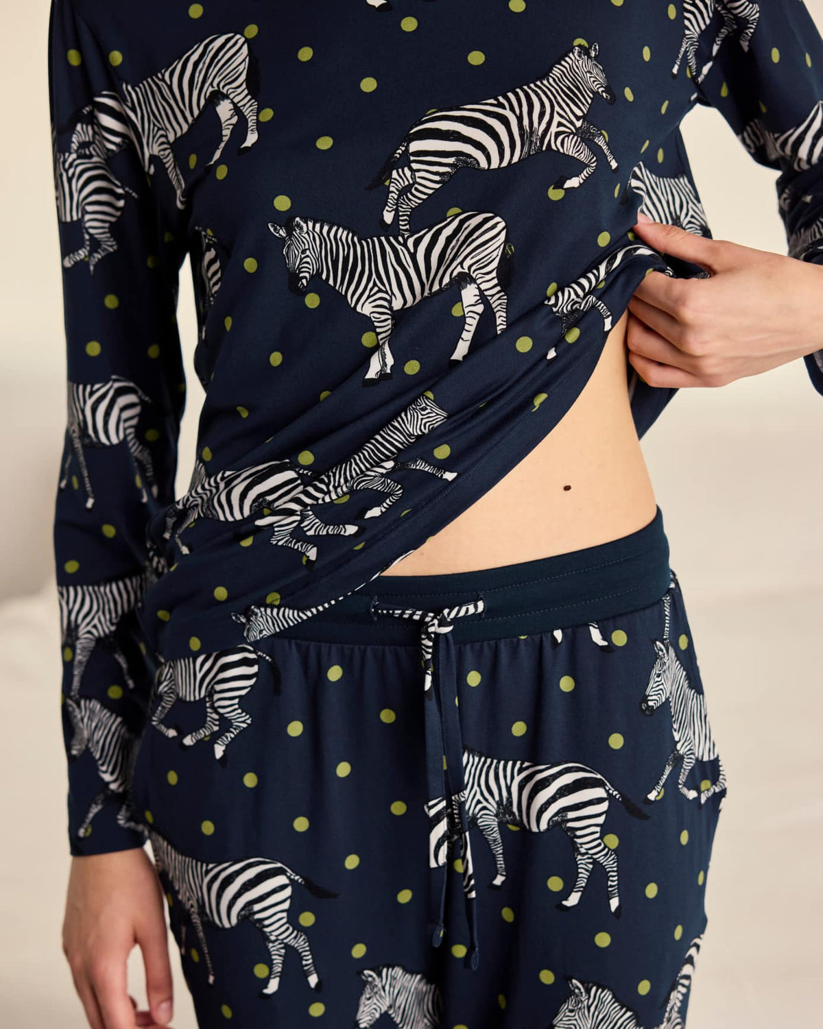 Polka Dot Zebra Print Crew Neck Long Pyjama Set