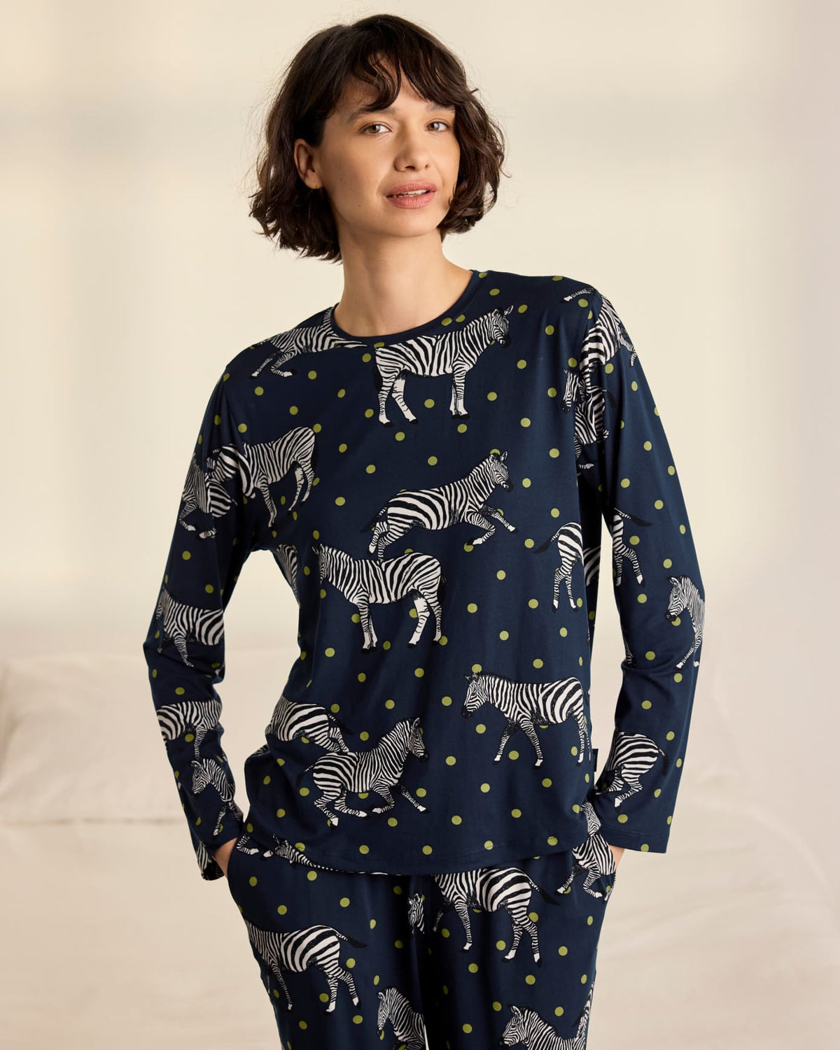 Polka Dot Zebra Print Crew Neck Long Pyjama Set