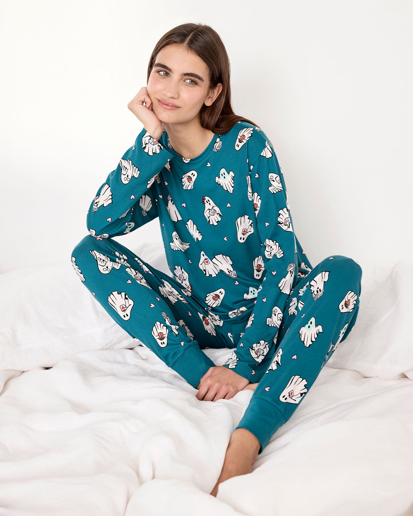 Halloween Ghost Print Long Pyjama Set - Teal