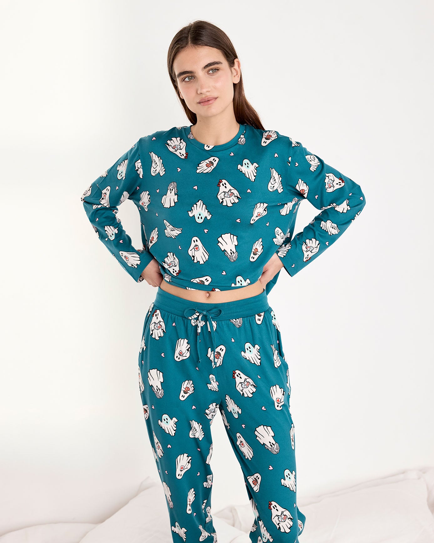 Halloween Ghost Print Long Pyjama Set - Teal