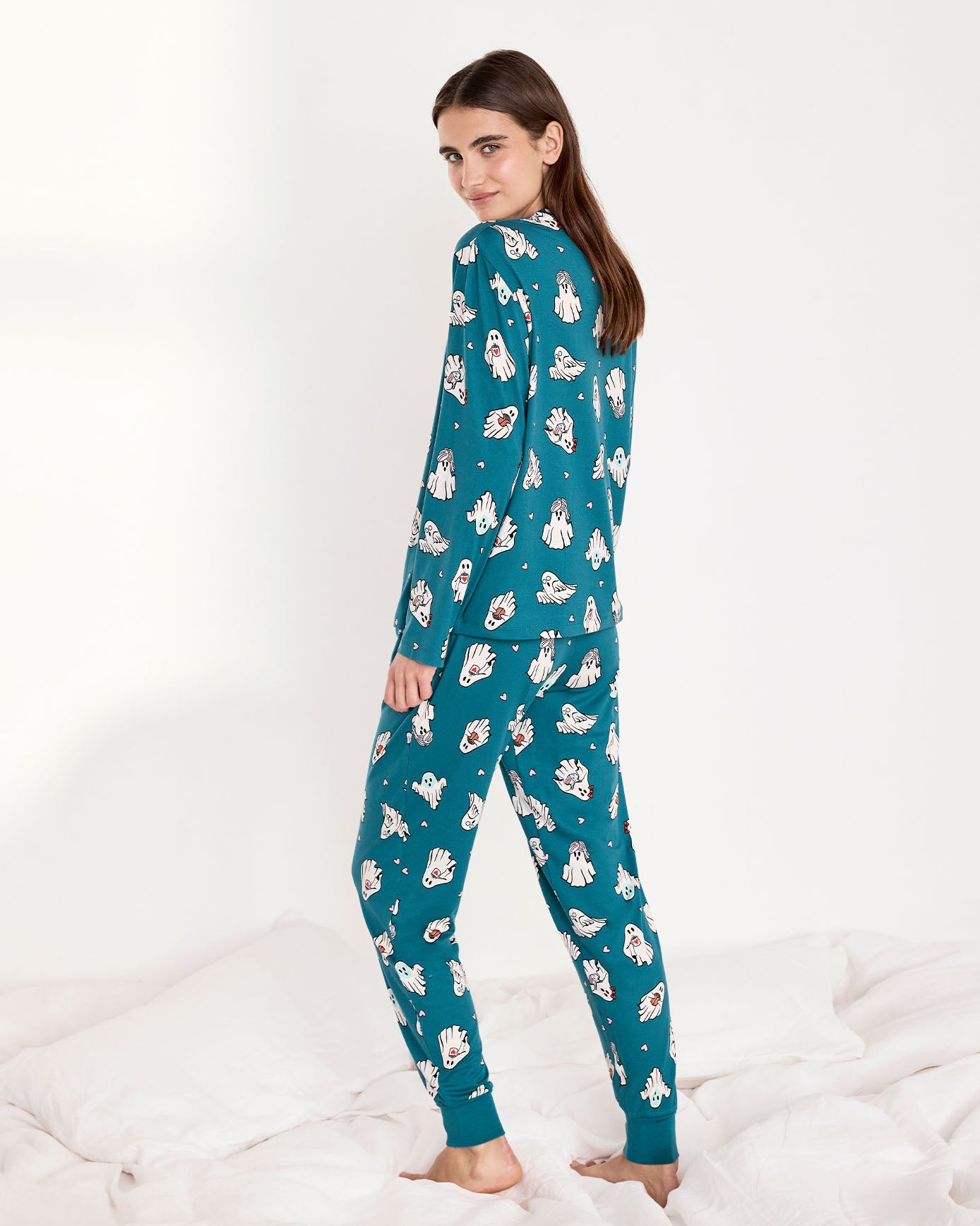Halloween Ghost Print Long Pyjama Set - Teal