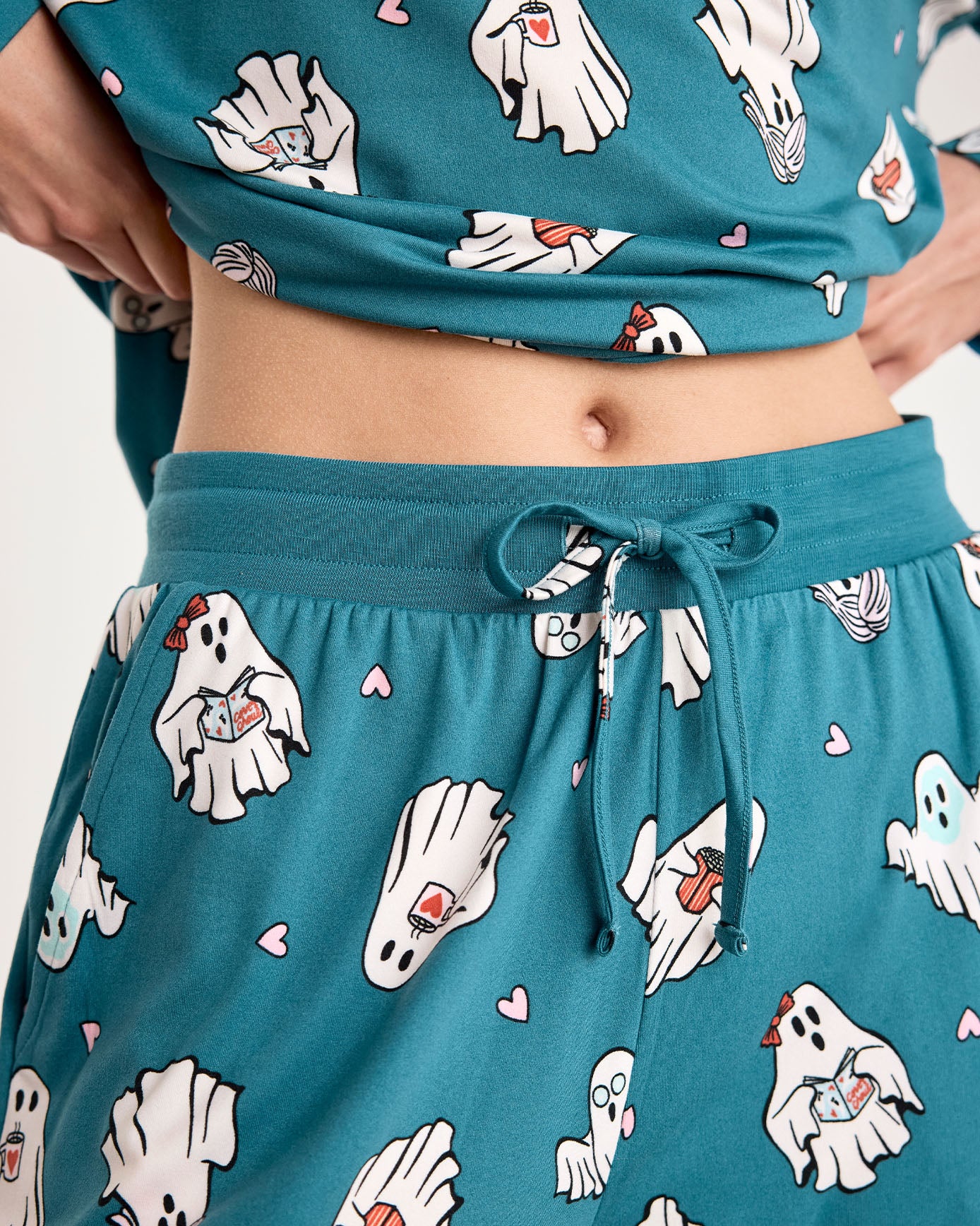 Halloween Ghost Print Long Pyjama Set - Teal