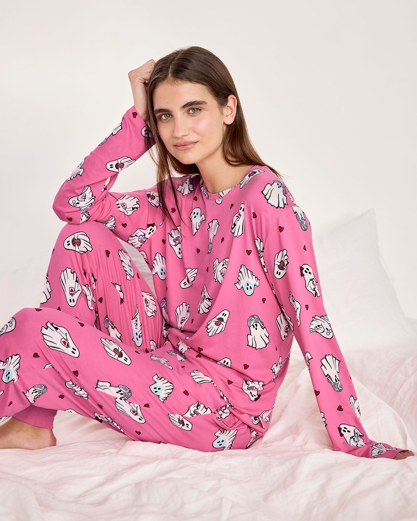 Halloween Ghost Print Long Pyjama Set - Pink