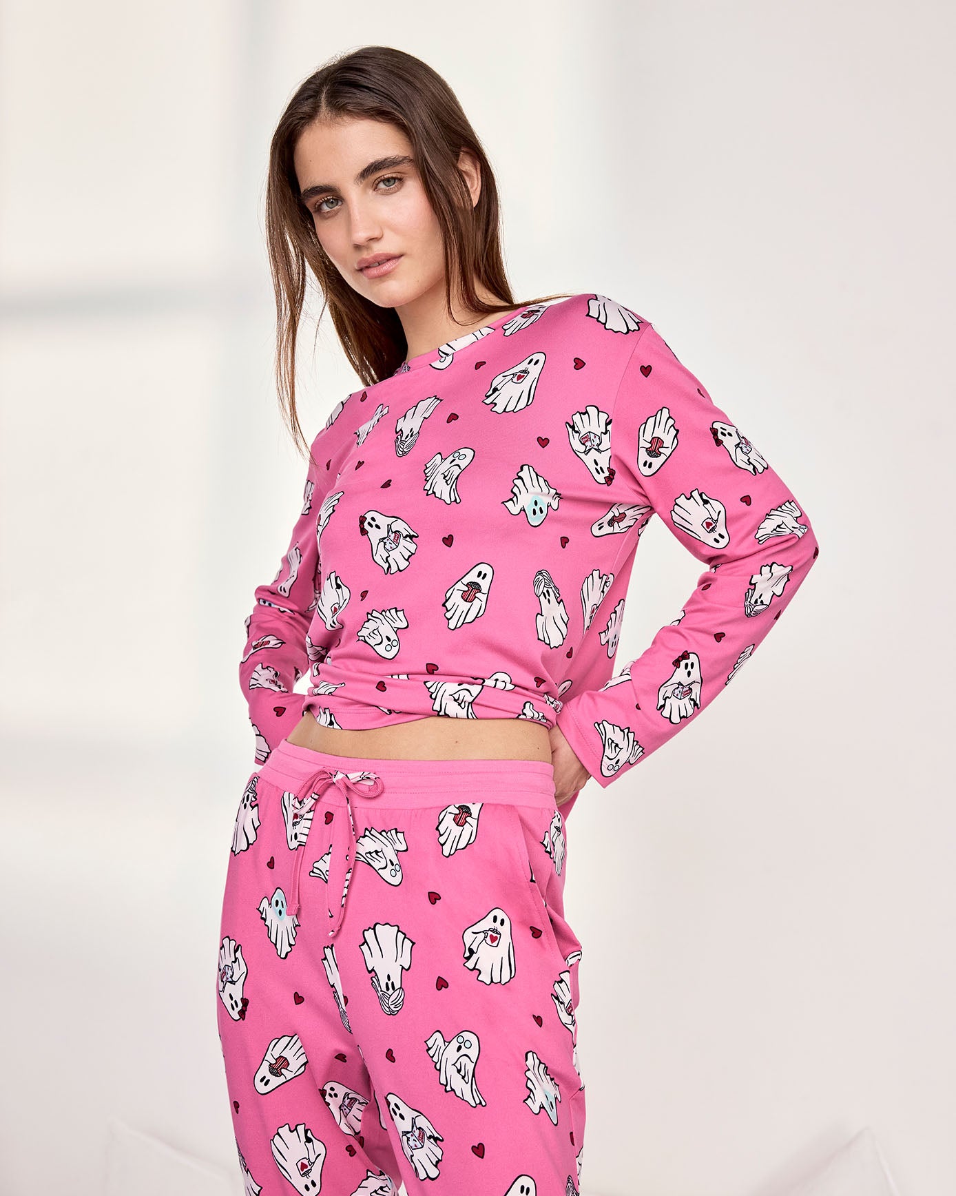 Halloween Ghost Print Long Pyjama Set - Pink