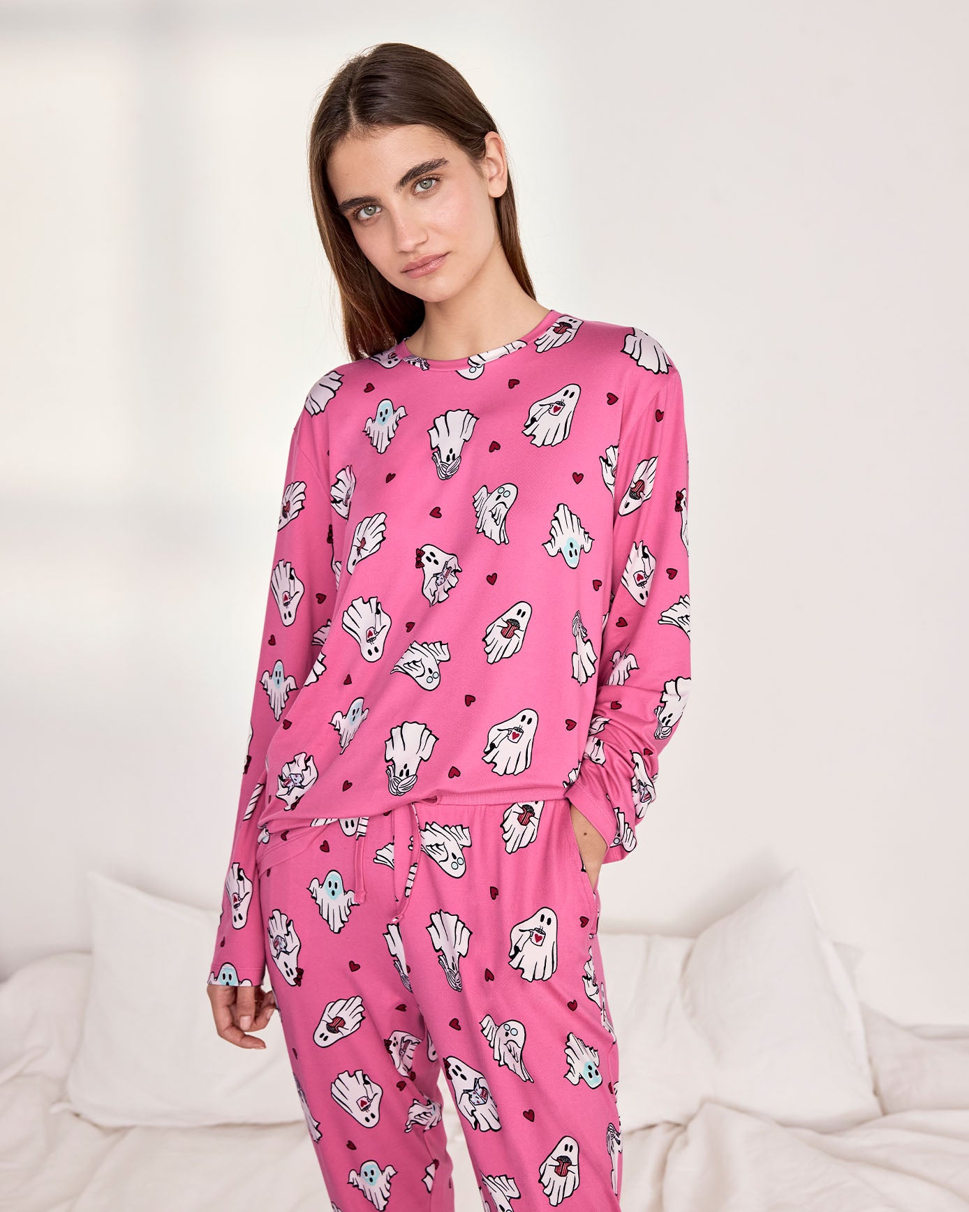 Halloween Ghost Print Long Pyjama Set - Pink