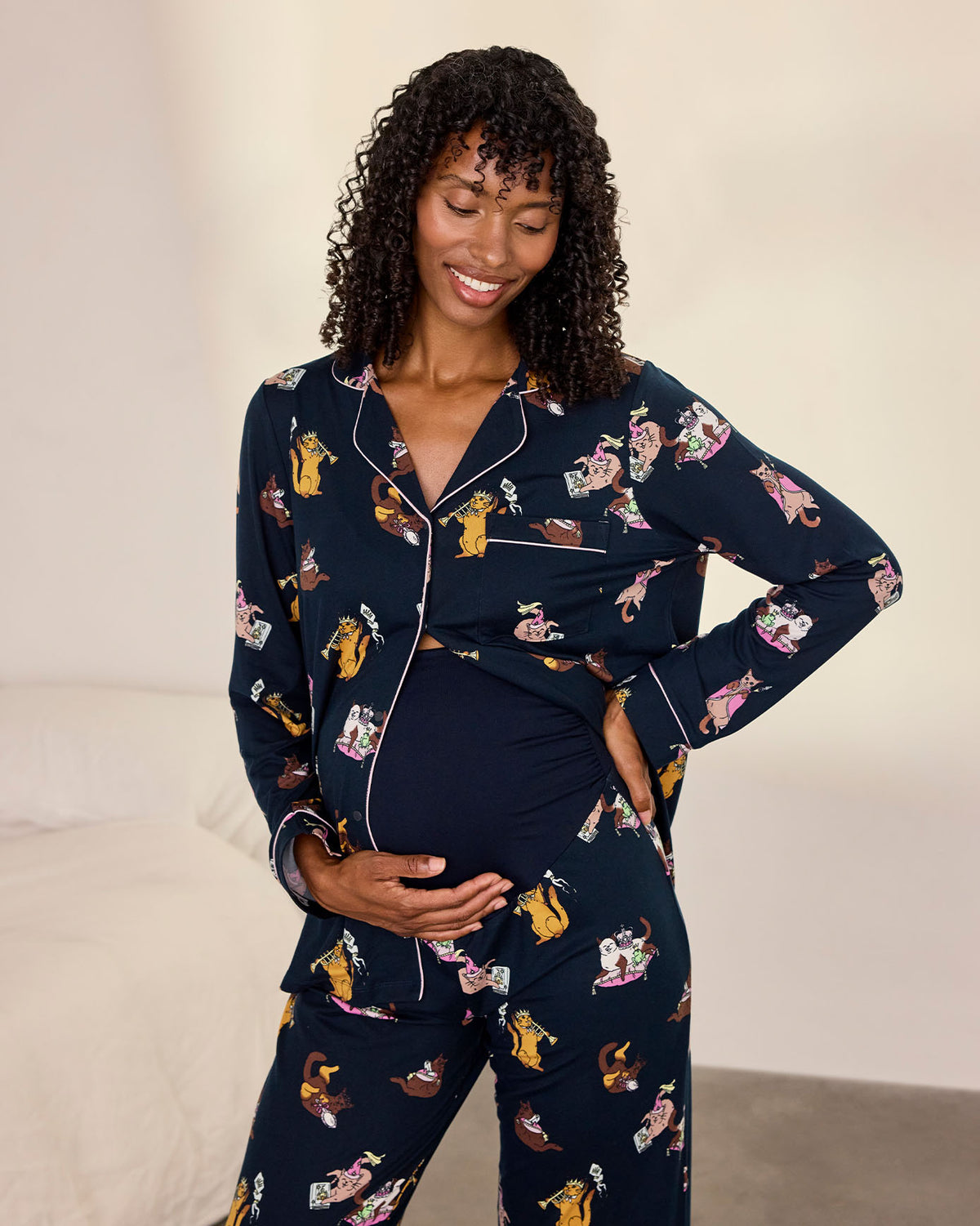 Maternity Princess Cats Print Long Pyjama Set - Navy