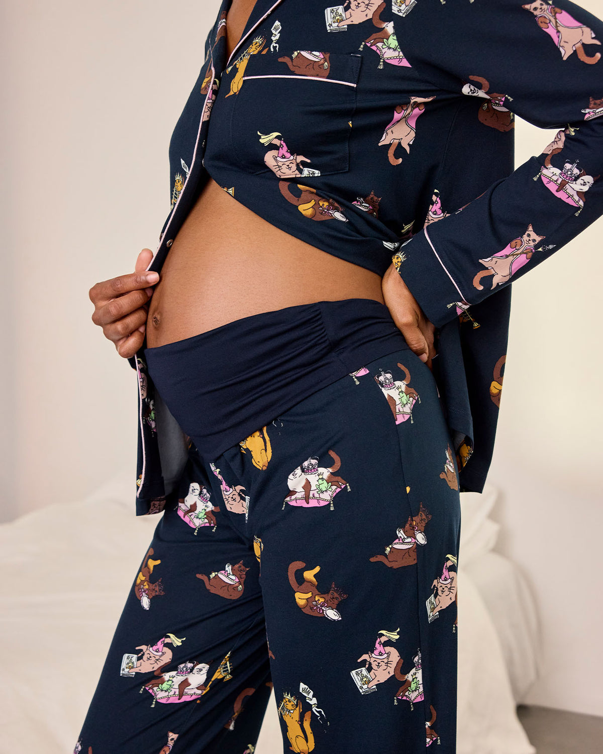 Maternity Princess Cats Print Long Pyjama Set - Navy