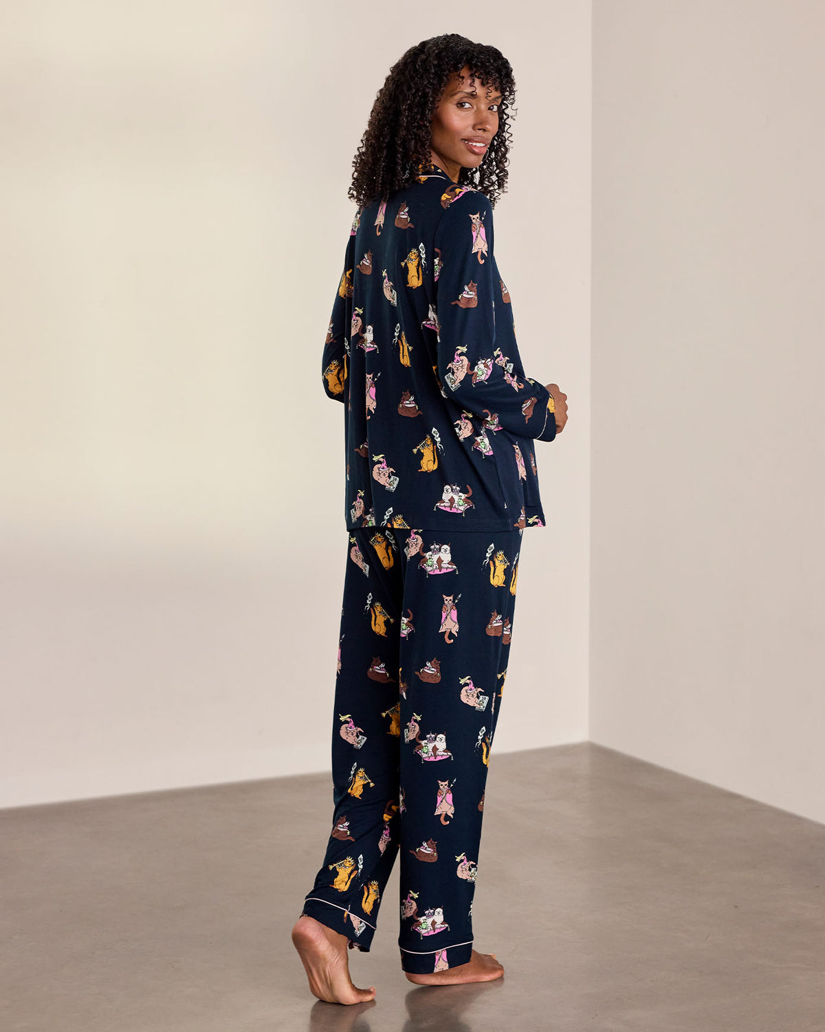 Maternity Princess Cats Print Long Pyjama Set - Navy